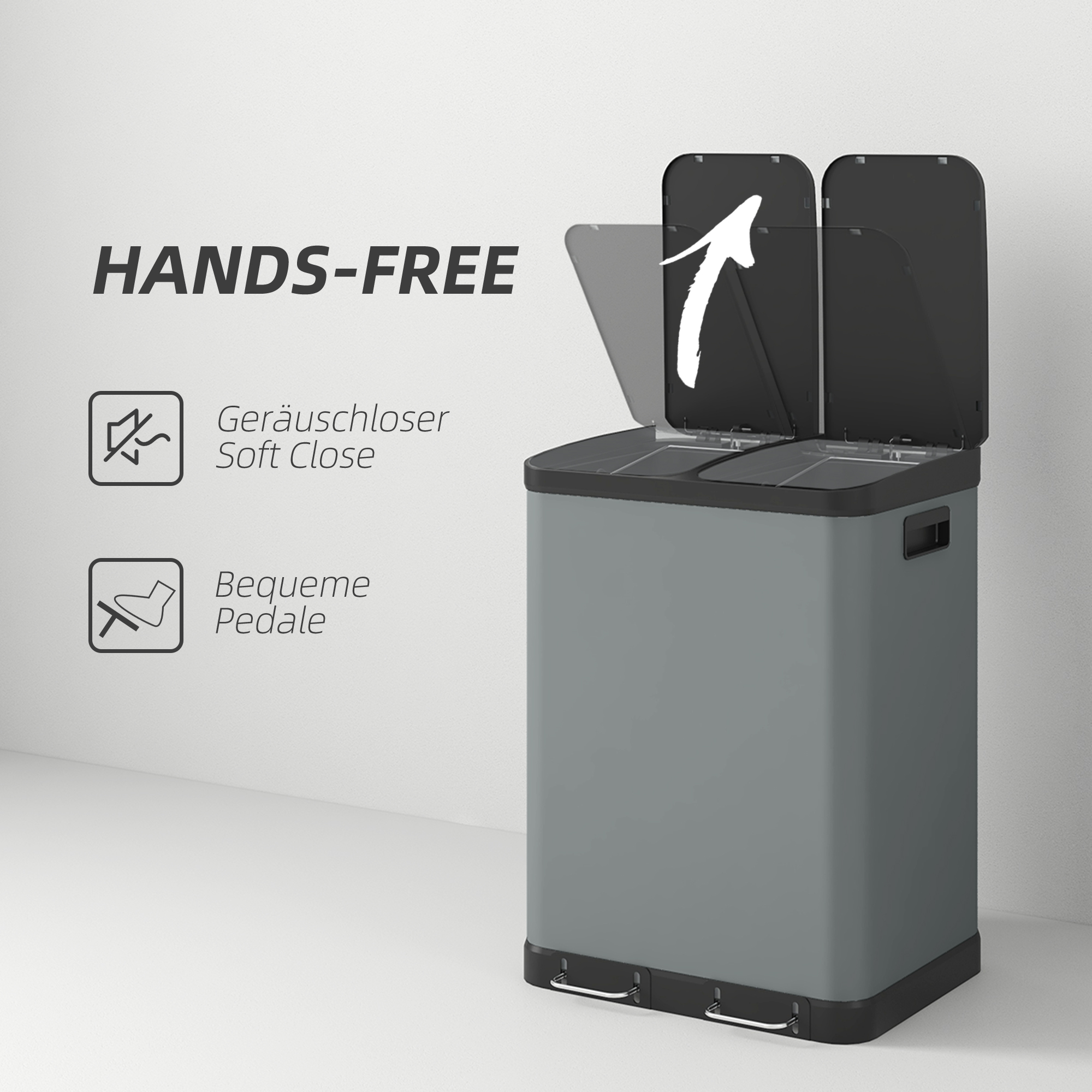 Doppelfach-Mülleimer, 2 x 30L, fingerabdruckresistent, Pedal, herausnehmbare Inneneimer, Grau