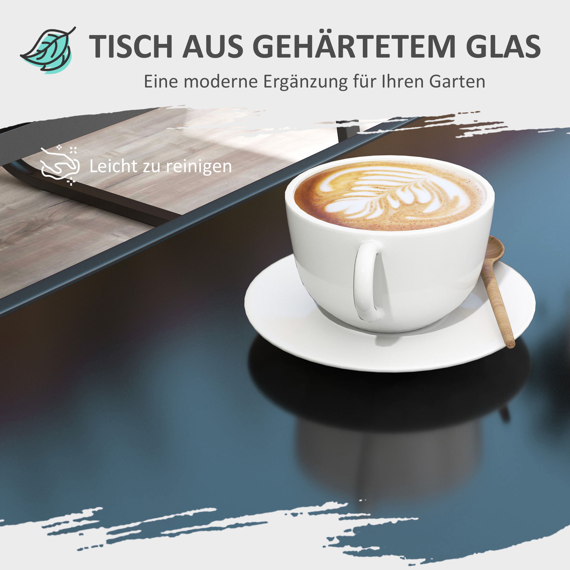 4-teilige Gartengarnitur, 2 Sessel, 2-Sitzer-Sofa, Tisch mit Glasplatte, atmungsaktiver Stoff, Metallrahmen, Schwarz