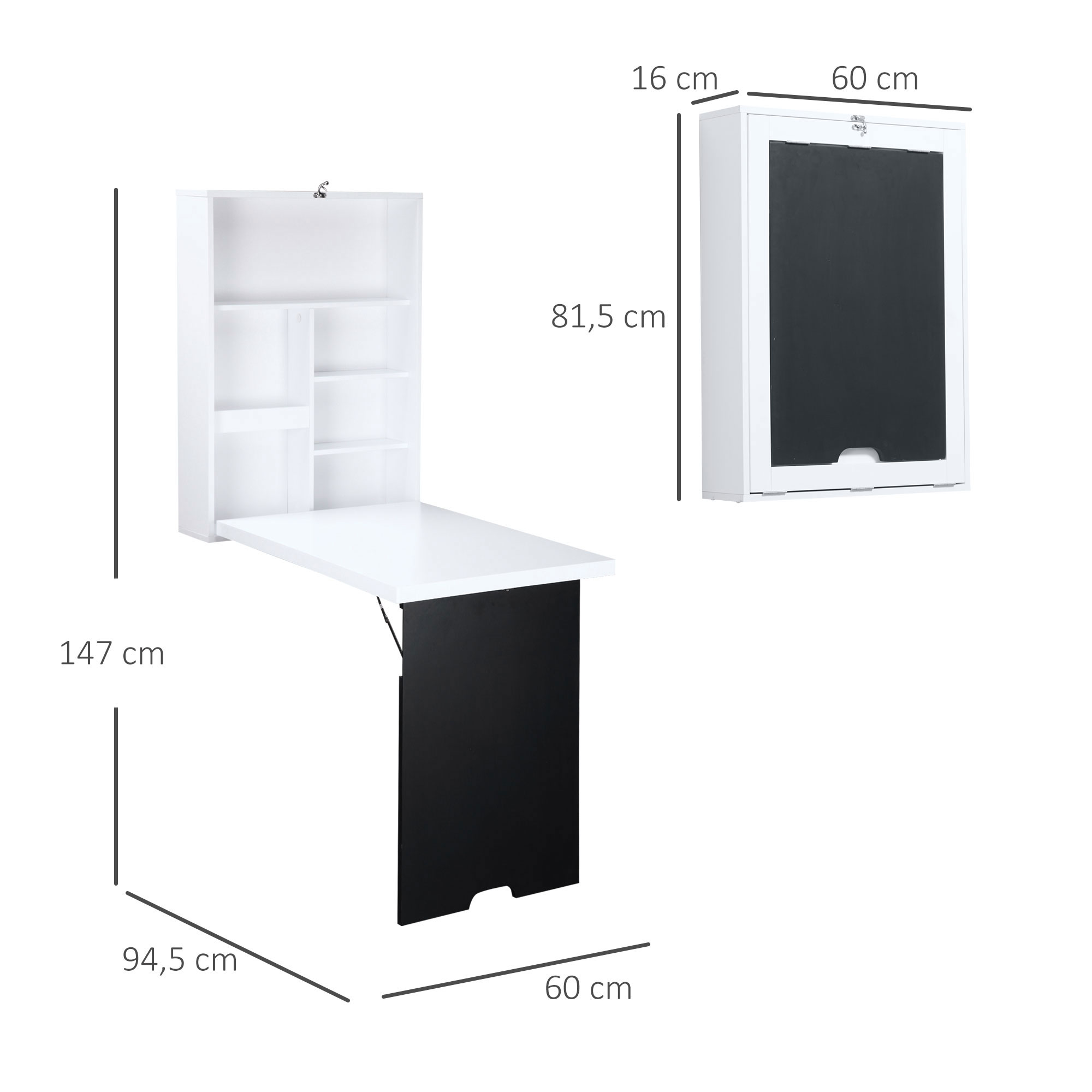 Wandschreibtisch, klappbare Tischplatte, 5 Fächer, 60x94,5x147cm, Schwarz/Weiß