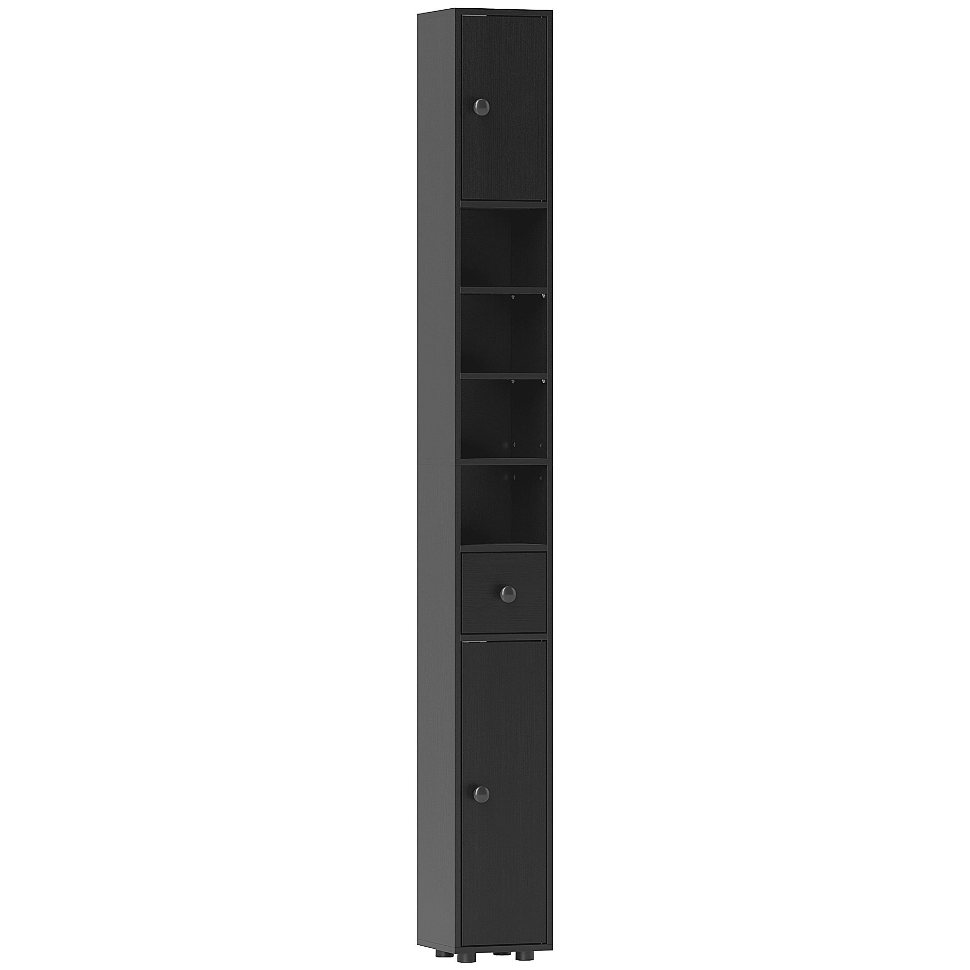 180 cm Schmaler Badezimmerschrank, Toilettenpapierregal mit offenen Fächern, 2 Schränken, Schwarz