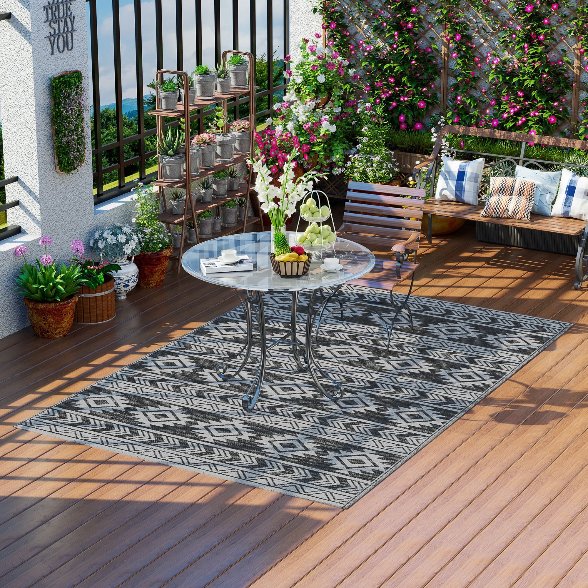 Outdoor-Teppich, wasserdicht, doppelseitiges Design, hochwertige Kunststofffaser, schwarz+grau, 182 x 274cm