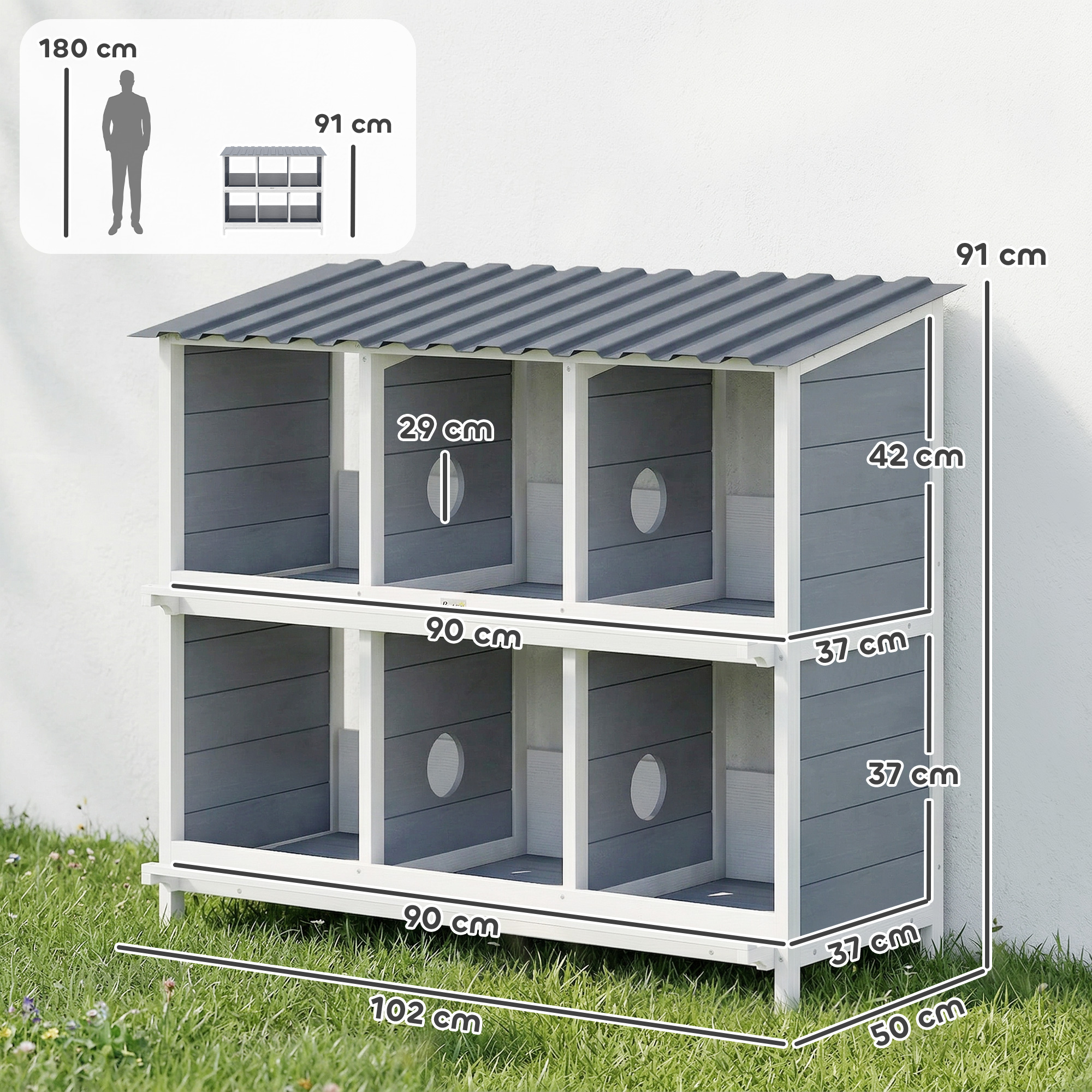 Legenest für Hühner, erhöhtes Hühnernest aus Holz mit 6 Fächer, 2 Sitzstangen für Kleintierstall 102 x 50 x 91 cm, Grau