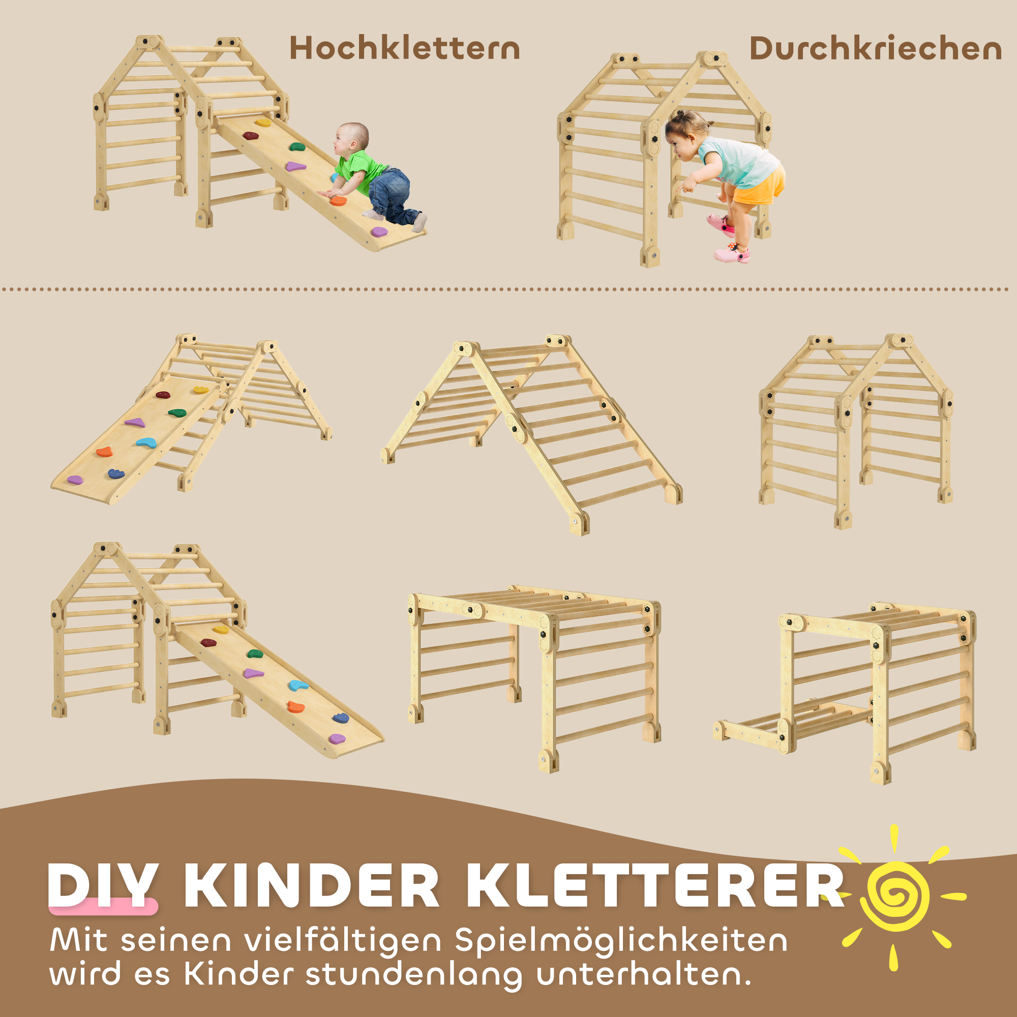 Klettergerüst 3-in-1, faltbar, Leiter & Rutsche/Kletterwand, Holz, für Kinder 1,5-4 Jahre