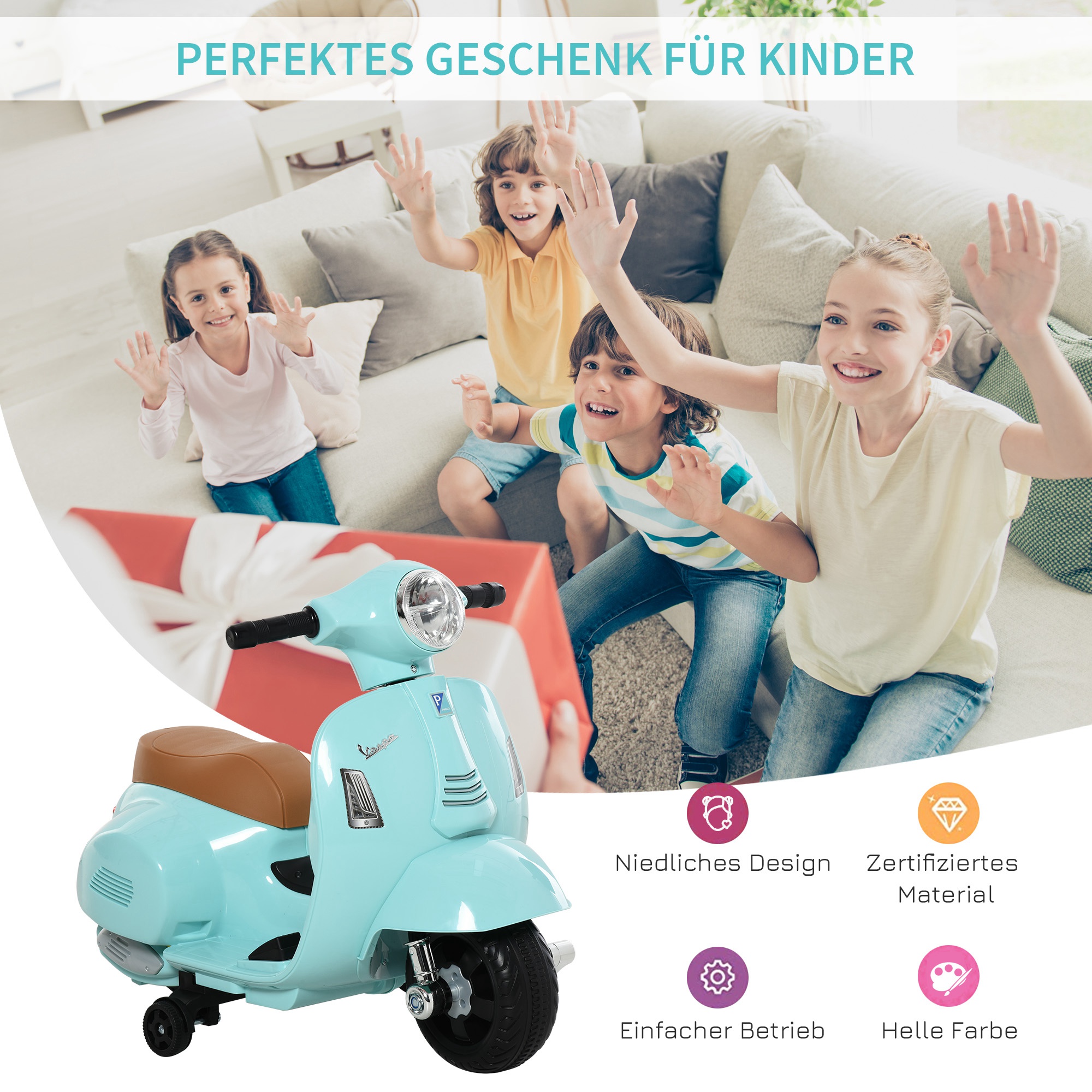 Elektro Kindermotorrad Vespa Elektromotorrad mit LED-Licht, Sound, Kinder Elektro Motorrad für Kinder von 18-36 Monate Grün