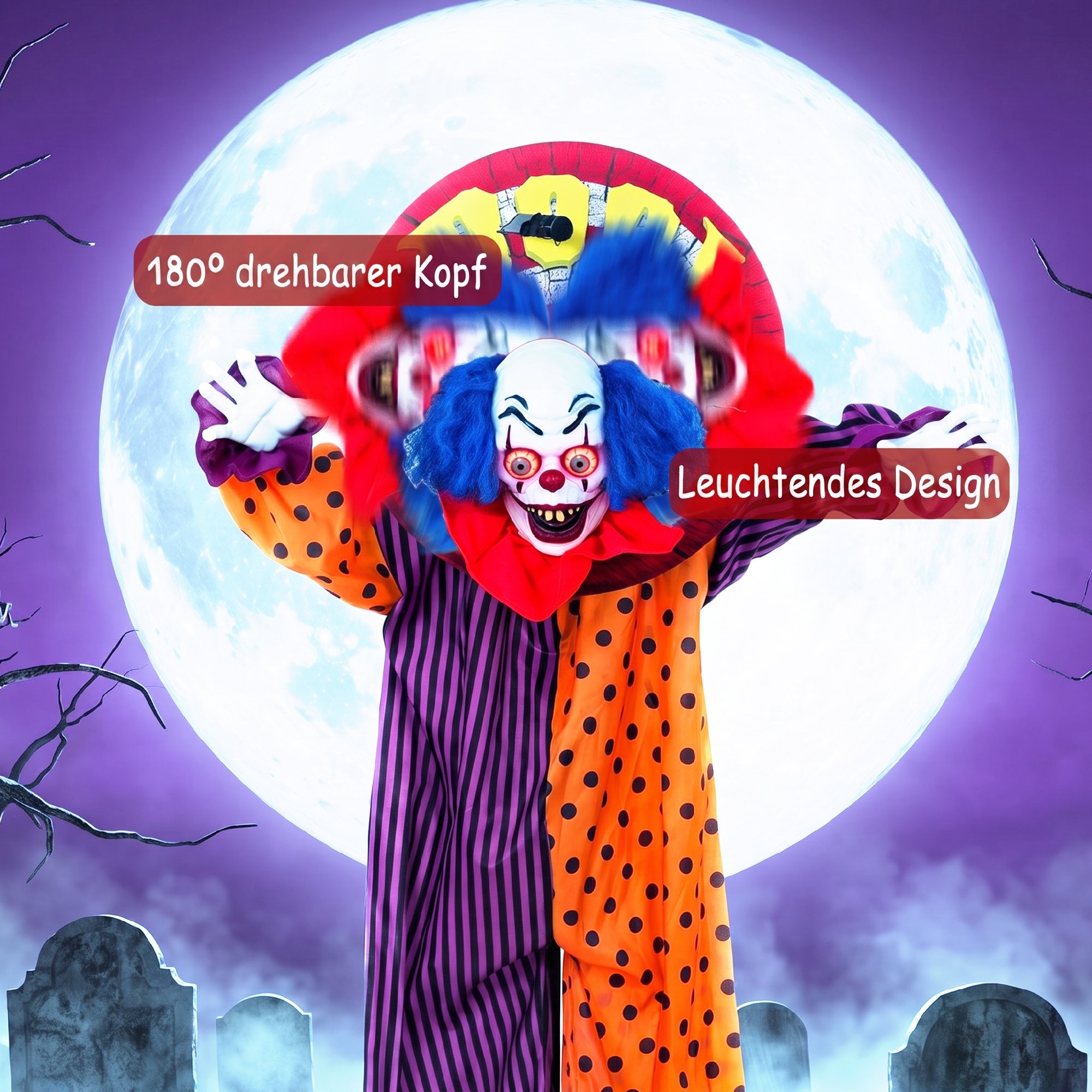167 cm lebensgroße animierte Halloween-Clown-Deko mit Sound- & Berührungsaktivierung