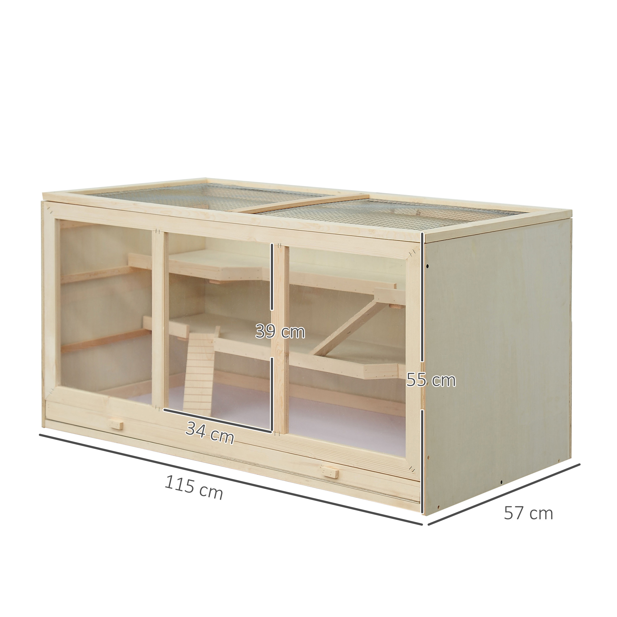 Hamsterkäfig aus Holz 3 Etagen Nagerkäfig mit reinigbar Ablage Kleintierkäfig mit klappbarem Deckel Treppen Holzkäfig Käfig für Hamster Zwerghamster 115 x 57 x 55 cm Naturholz