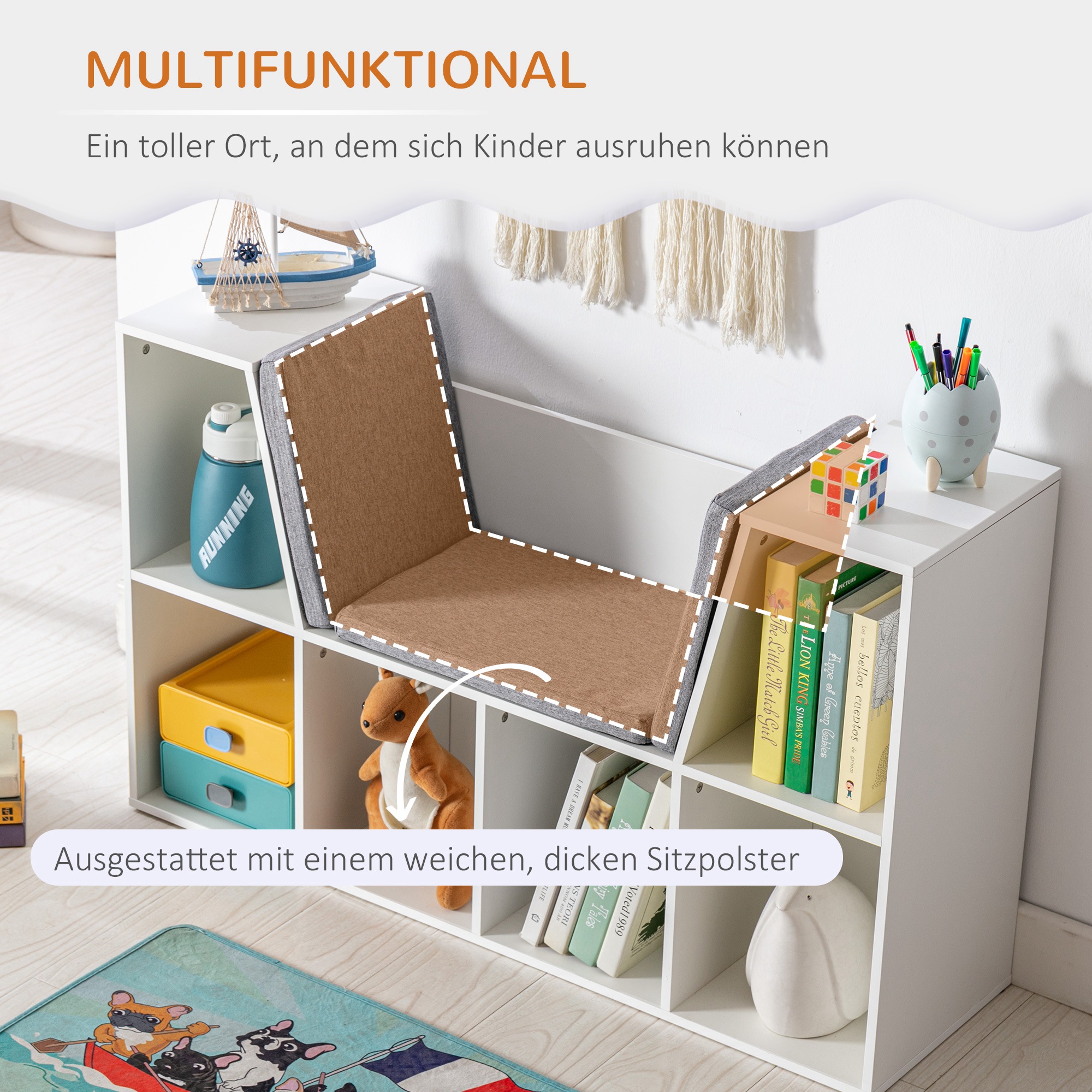 2-in-1 Kinderregal Regal + Sitzbank inkl. Polster 103 cm × 30 cm × 62 cm Weiß + Grau