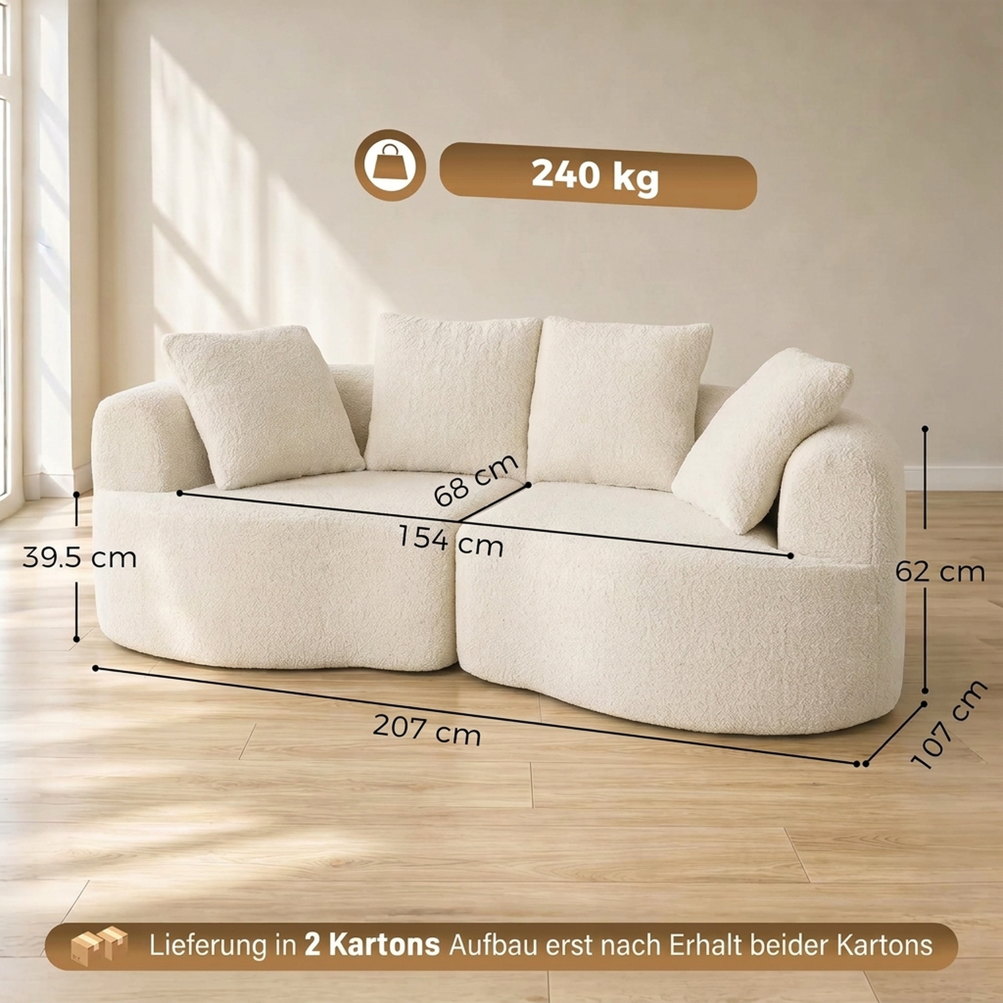 Sofa 3 Sitzer 207 cm Cloud Sofa mit Chenille-Optik, 4 Wurfkissen für Schlafzimmer, Werkzeugfreie Montage, Cremeweiß