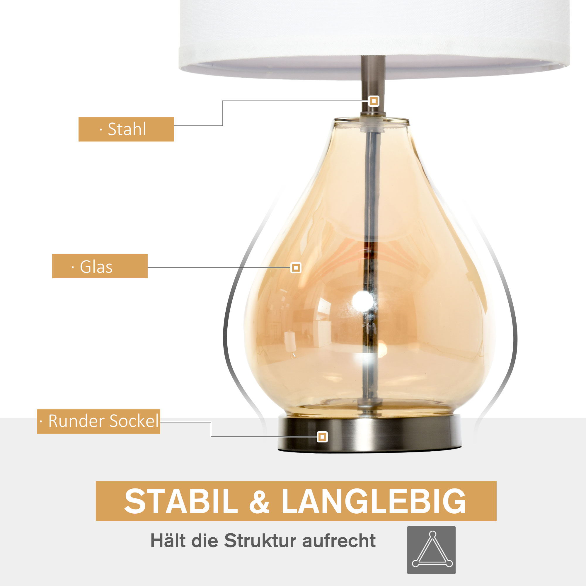 2-Set Tischlampen Tischleuchten E27-Fassung Nachttischlampe 40 W Glas Leinen Metall Bernstein Ø30 x 56H cm
