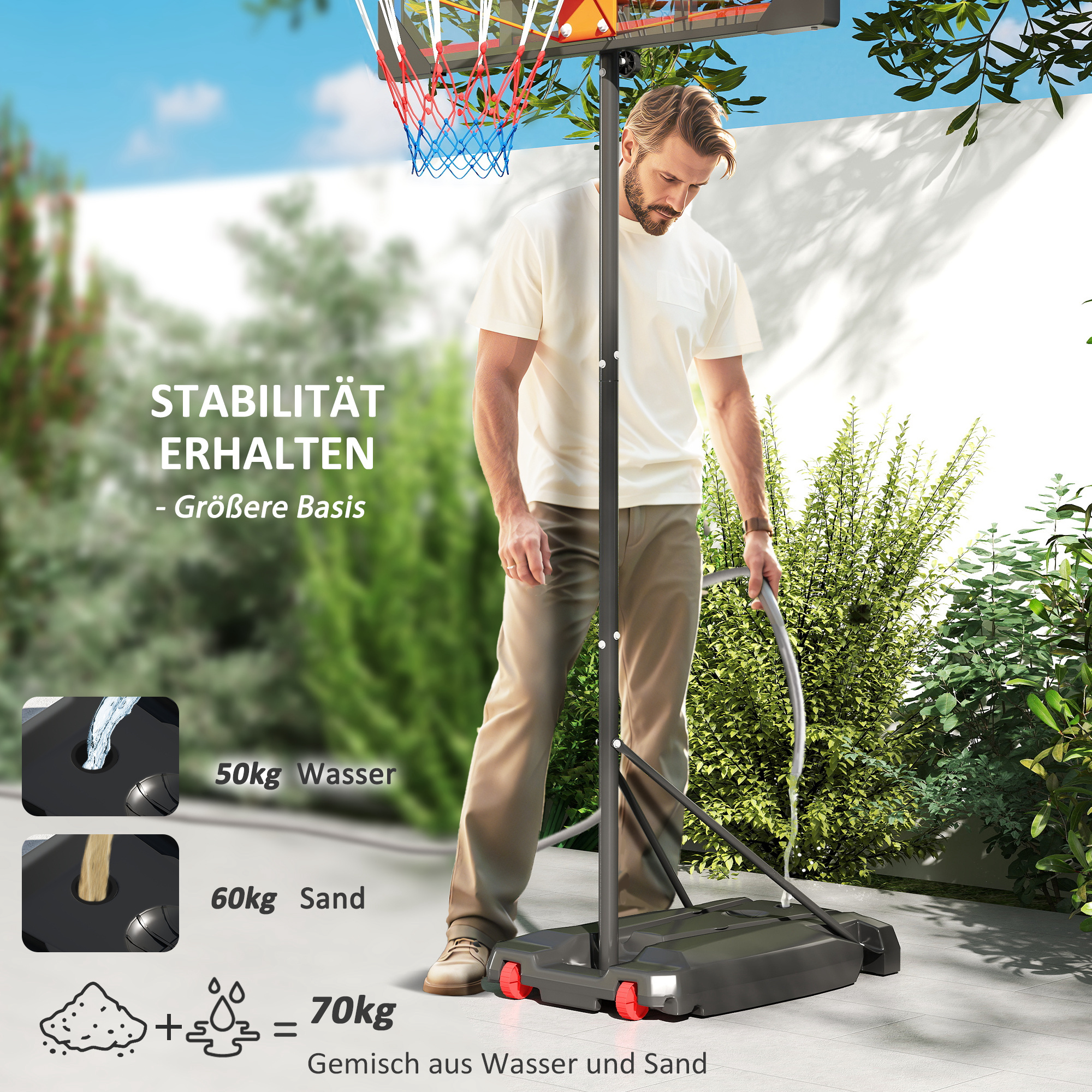Kinder-Basketballkorb, Outdoor-Basketballkorb für Kinder, 210-260 cm höhenverstellbar, mit Rädern, ab 6 Jahren, Rot