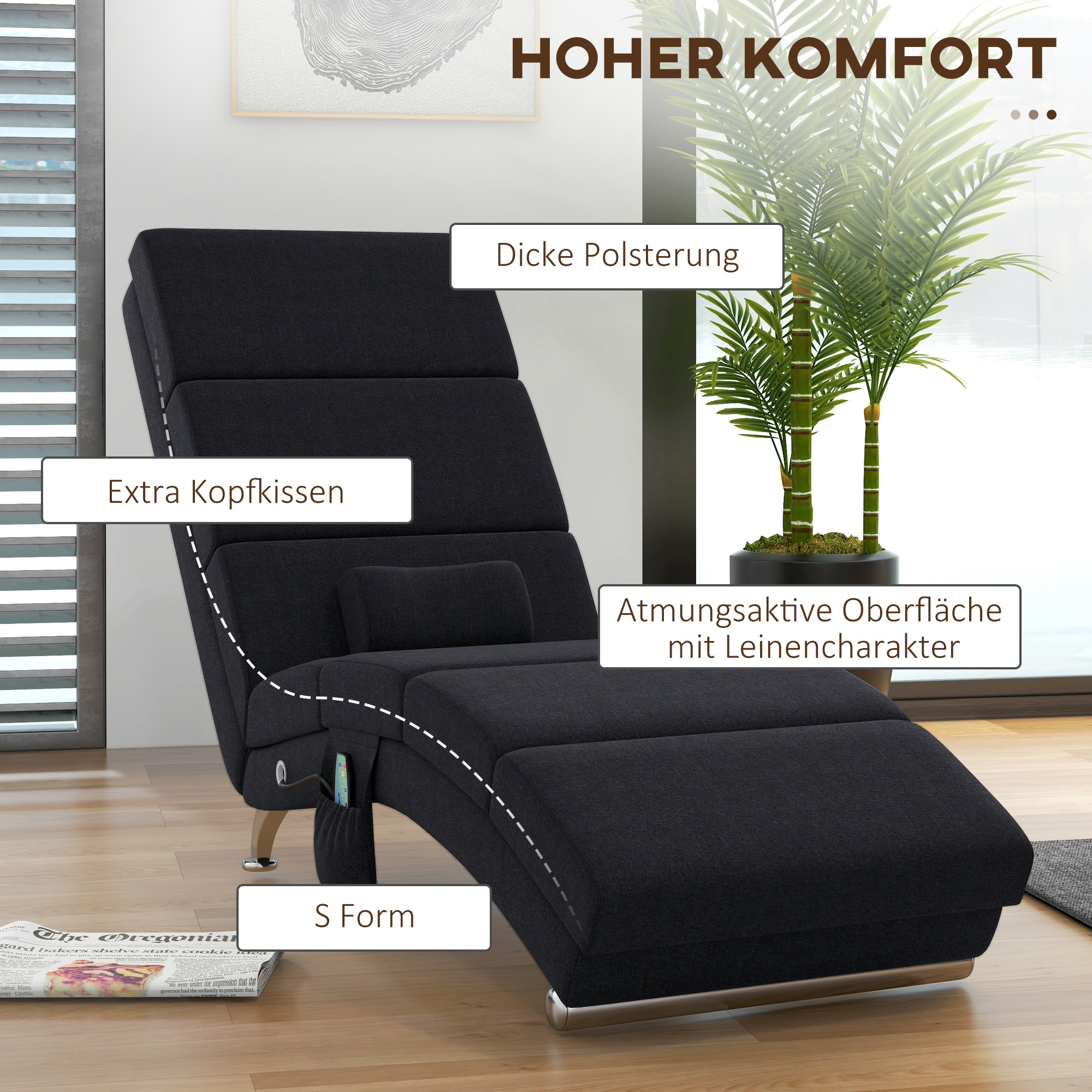 Massagesessel, Relaxsessel, Liegesessel mit 8 Vibrationspunkten, 5 Modi, 56 x 168 x 84 cm, Schwarz