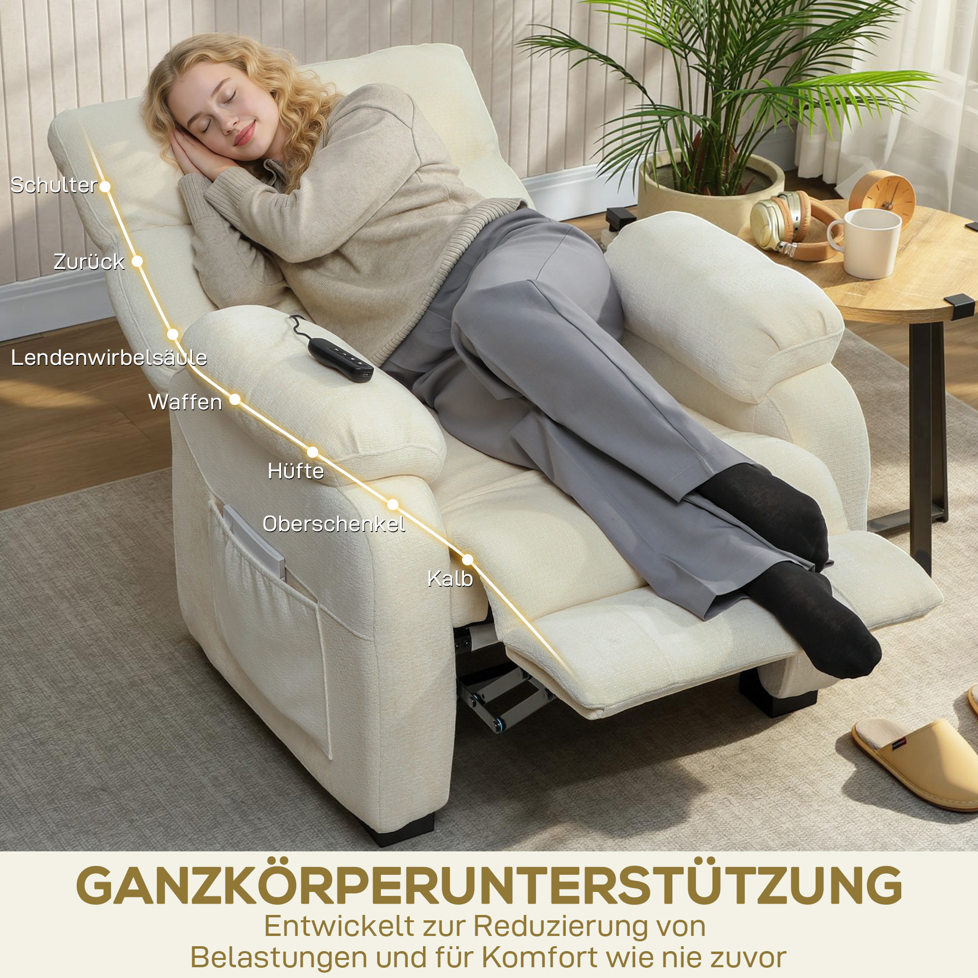 elektrischer Relaxsessel Fernsehsesel mit Fußstütze, Seitentaschen, bürstenlosem Motor, USB-Anschluss, Fernbedienung