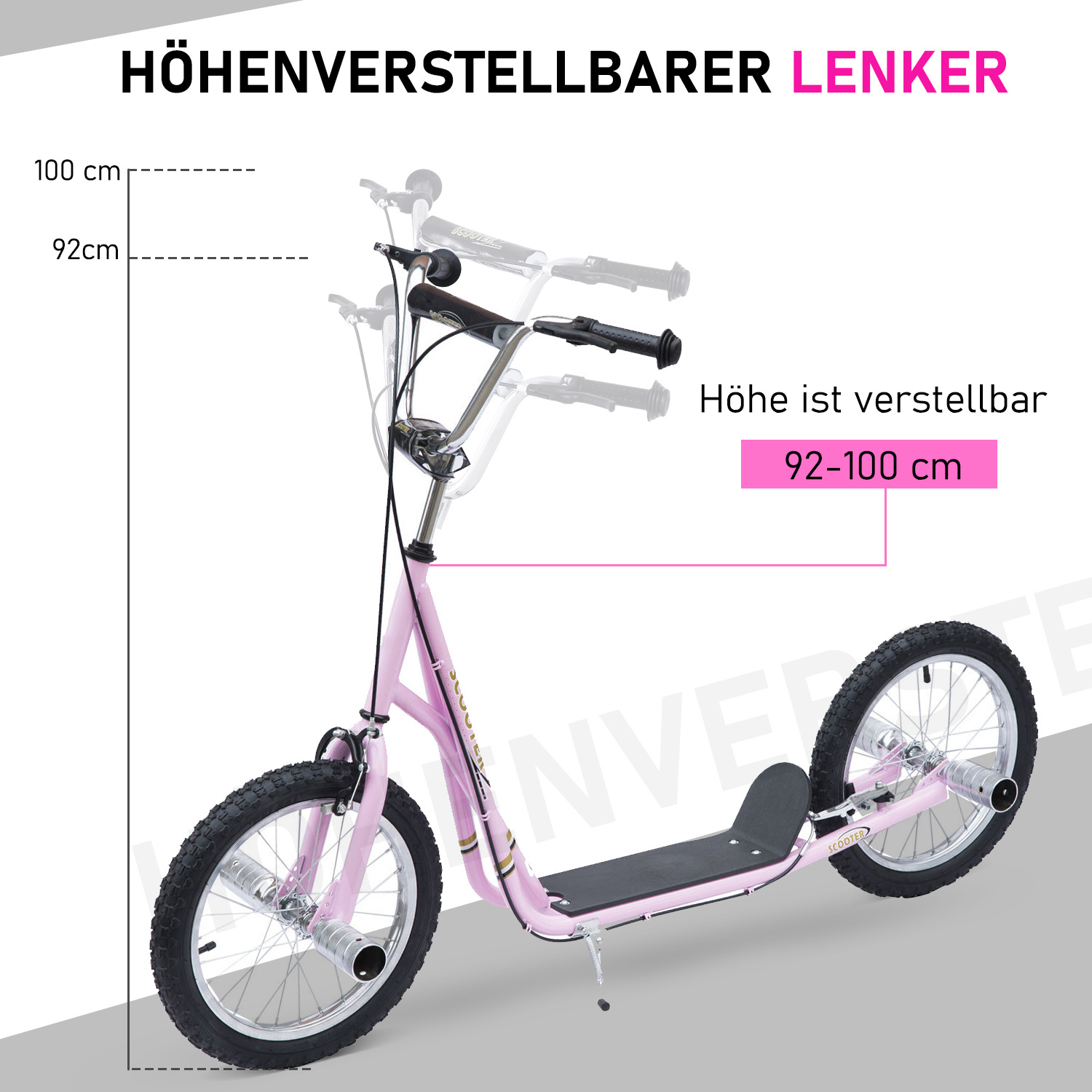 Kinderroller mit Luftreifen Kickscooter Scooter Tretroller Cityroller für Kinder Kickboard 16 Zoll ab 5 Jahre Höhenverstellbar Rosa 143 x 58 x 92-100 cm