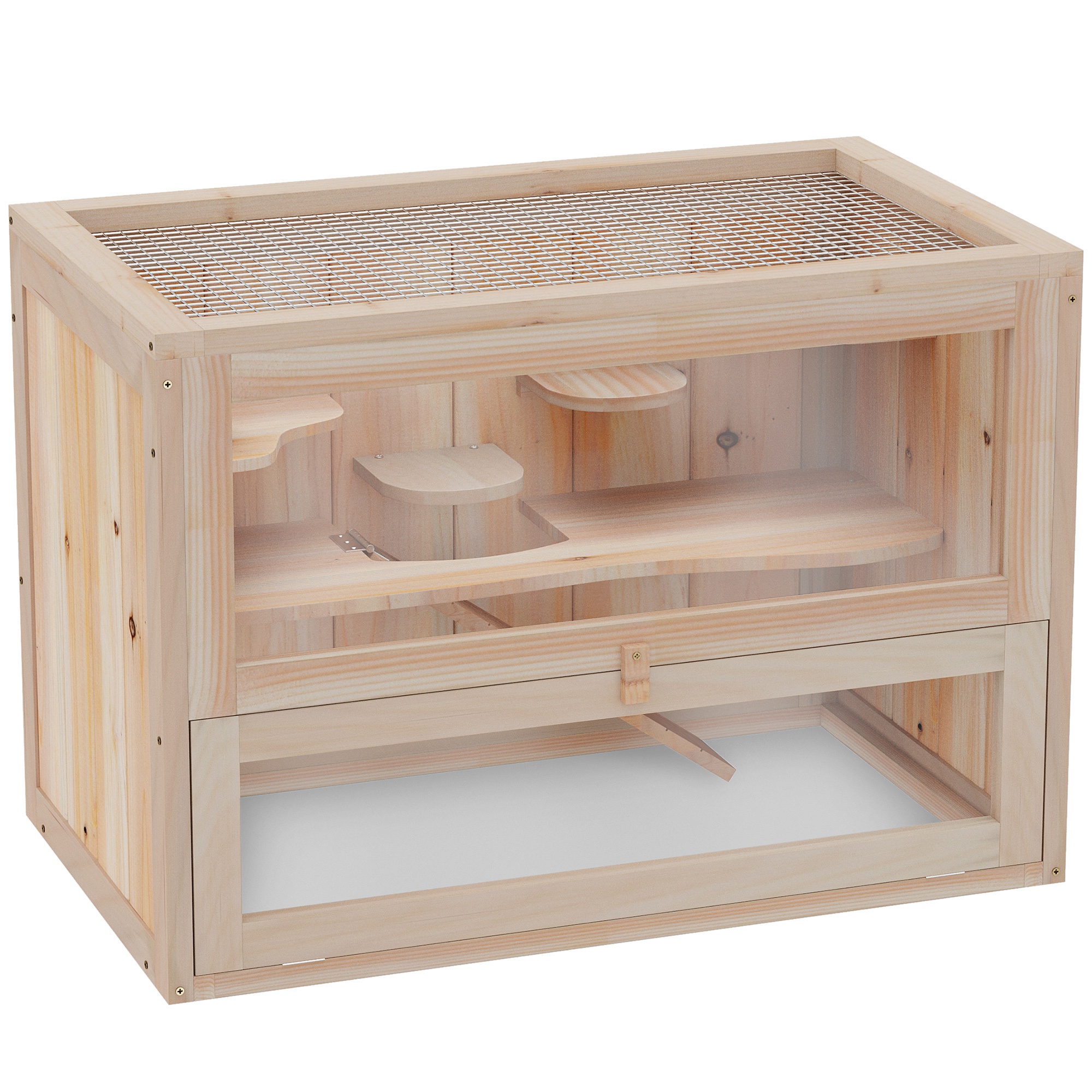 Hamsterkäfig aus Holz 2 Etagen 60 x 35 x 42 cm Nagerkäfig Kleintierkäfig mit aufklappbarem Gitterdach Trinkflasche Rampe Wippe Fütterungsstation Mäusekäfig für Zwerghamster Naturholz