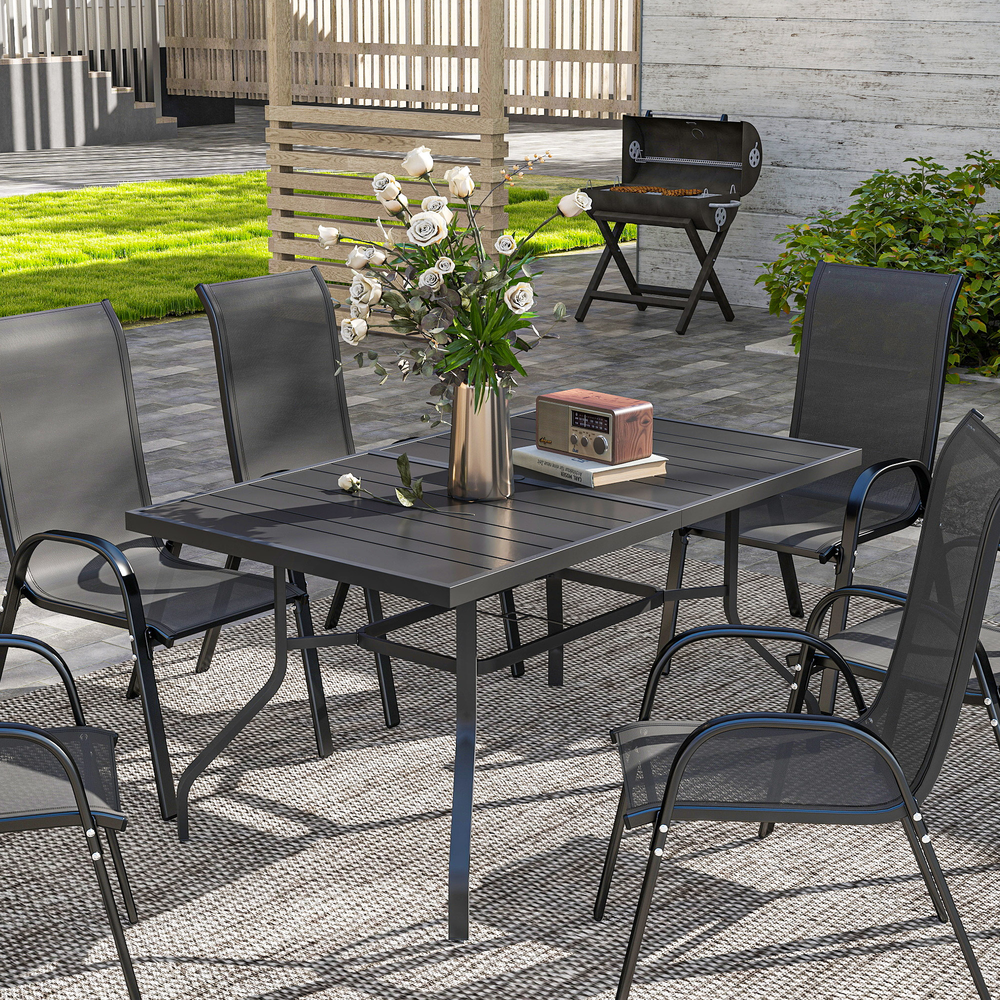 Gartentisch 152x90 cm, Wetterfest Balkontisch aus Stahl, Beistelltisch mit Schirmloch, Latten-Design Schwarz