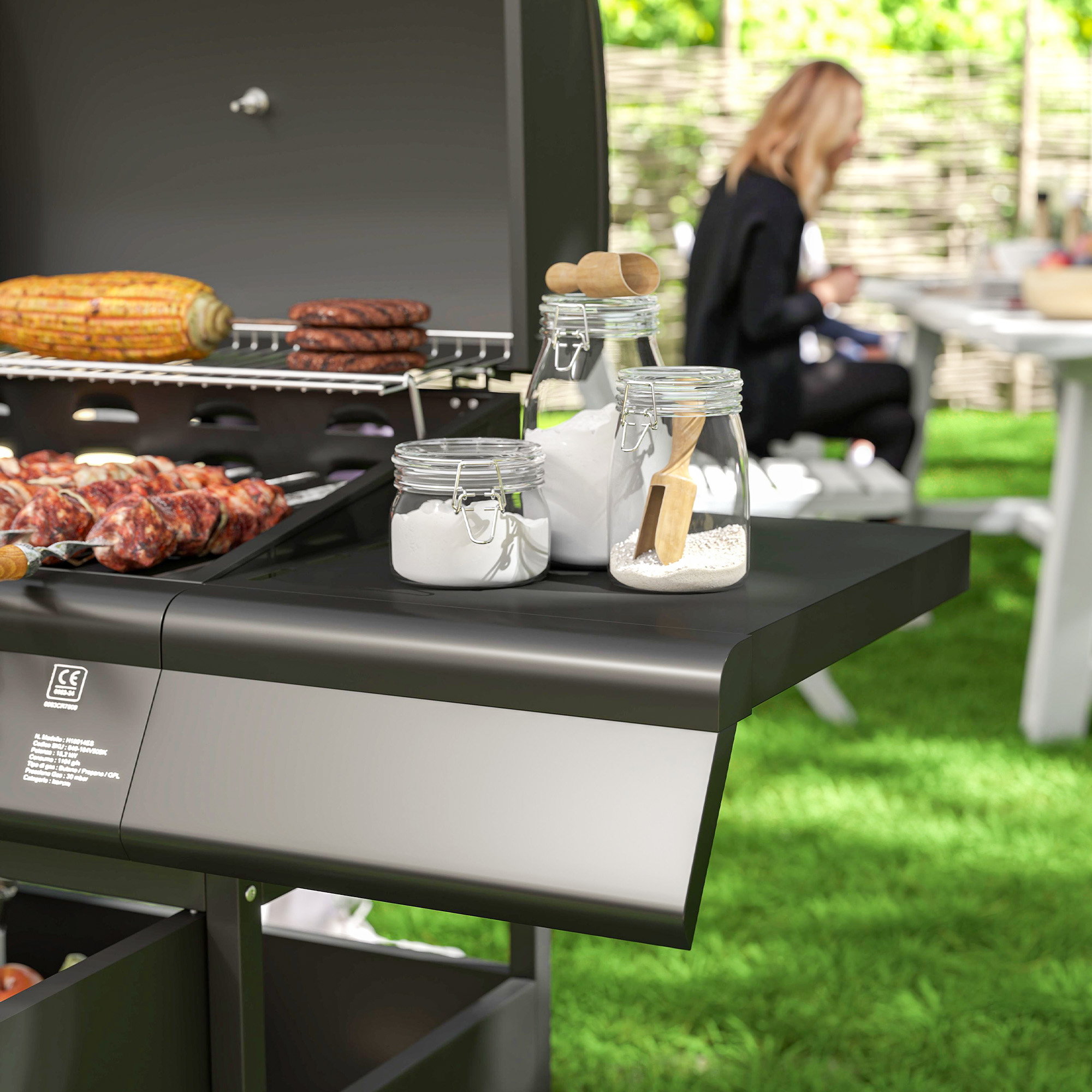 Gasgrill 15,2 KW Grillwagen inkl 5 Edelstahl-Brenner Rolle Seitenkocher 129,5 x 56 x 110 cm Schwarz