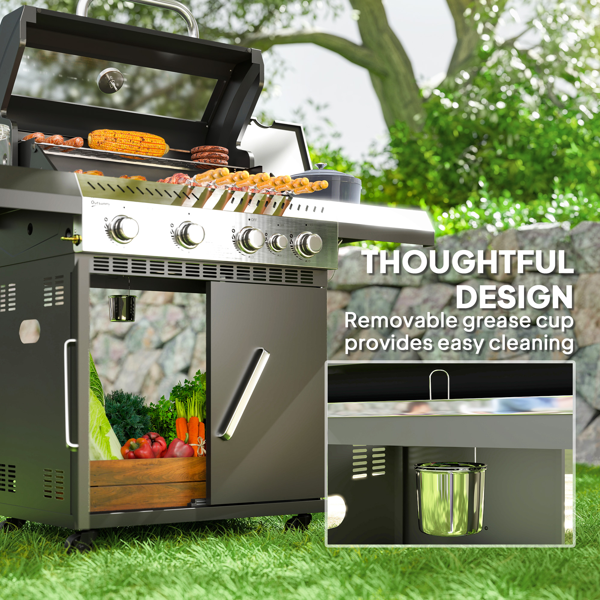 Gasgrill 12 KW Grillwagen inkl 5 Brenner Seitenkocher Rolle Deckel Thermometer Seitenablagen 135 x 54 x 110 cm