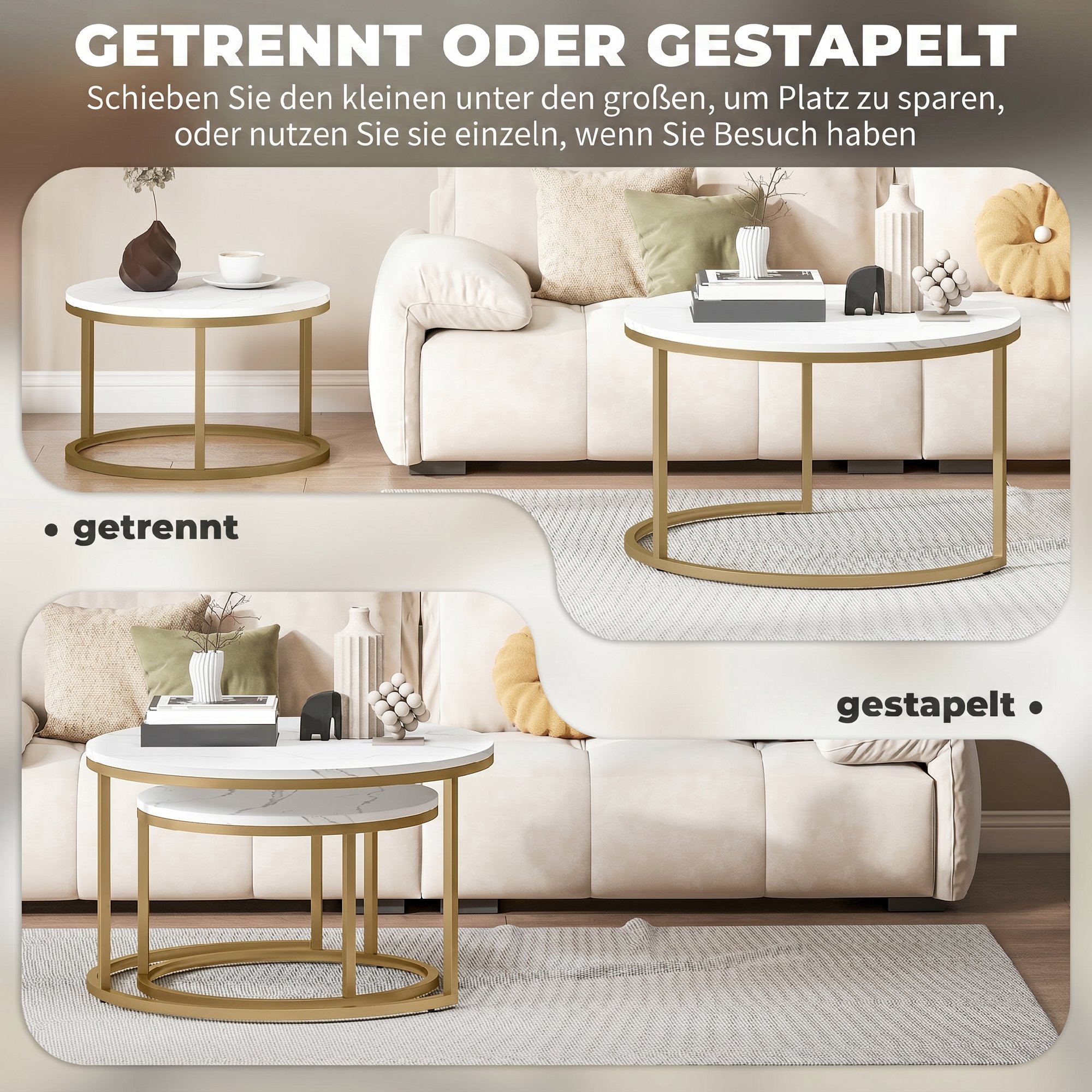 2er-Set runde Couchtische, stapelbare Beistelltische mit Metallrahmen, Wohnzimmertisch in Marmoroptik, Kaffeetisch, Grau