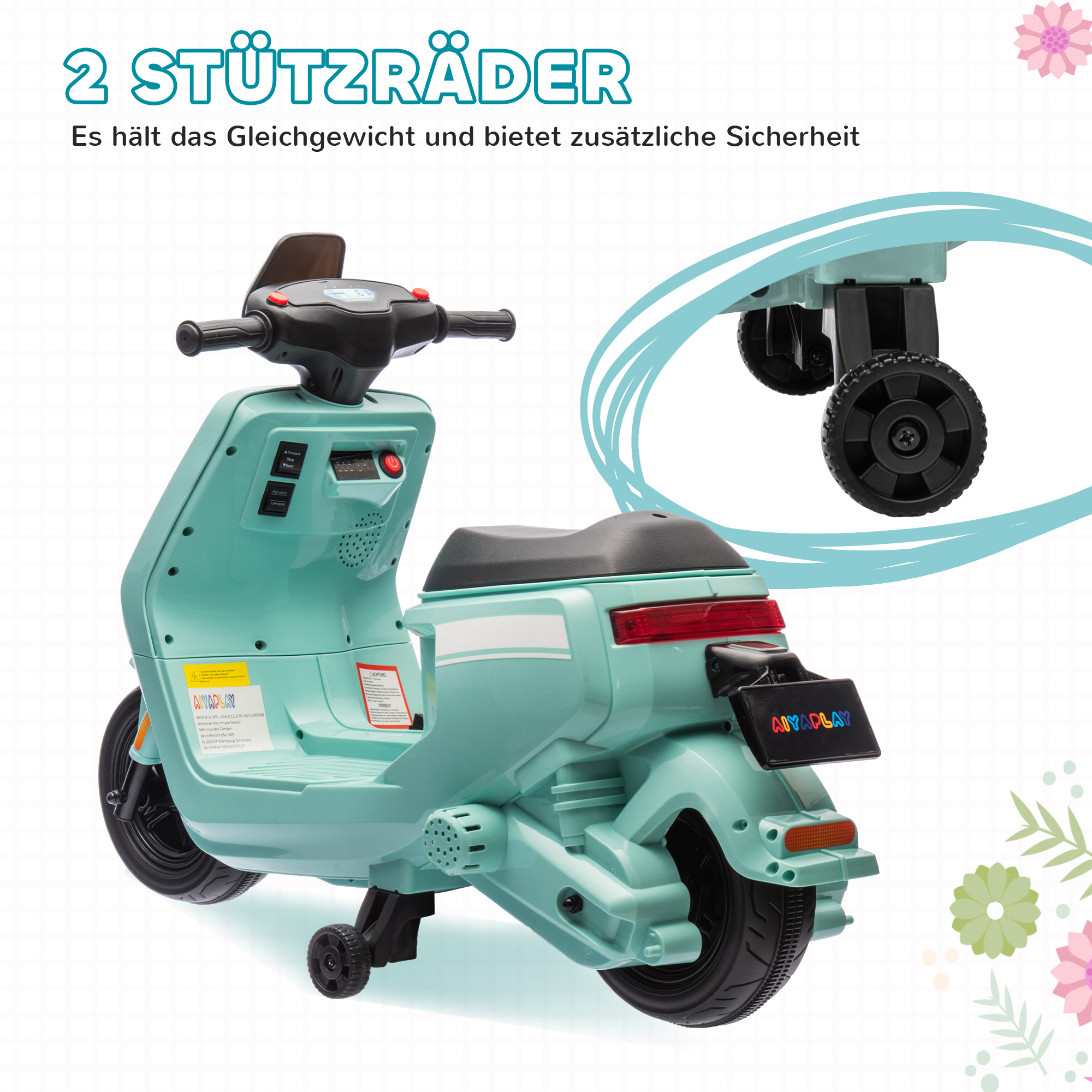 6V Elektro-Motorrad für Kinder, mit Scheinwerfer und Musik, Vor- und Rückwärtsgang, Trainingsräder, 18-36 Monate, Grün