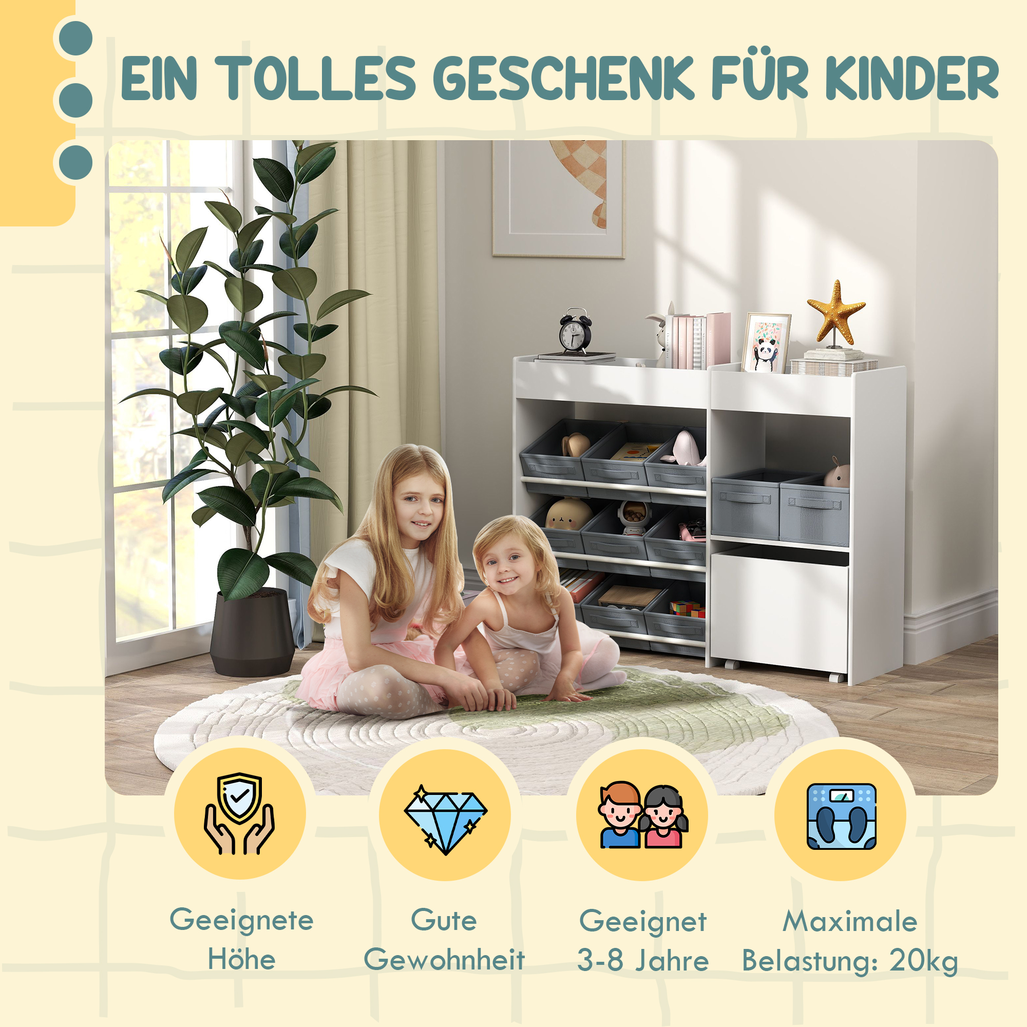 Kinder-Aufbewahrungsregal, Spielzeugschrank für Kinder mit 11 Stoffboxen, oberen Fächern, 3 Stickern, Weiß