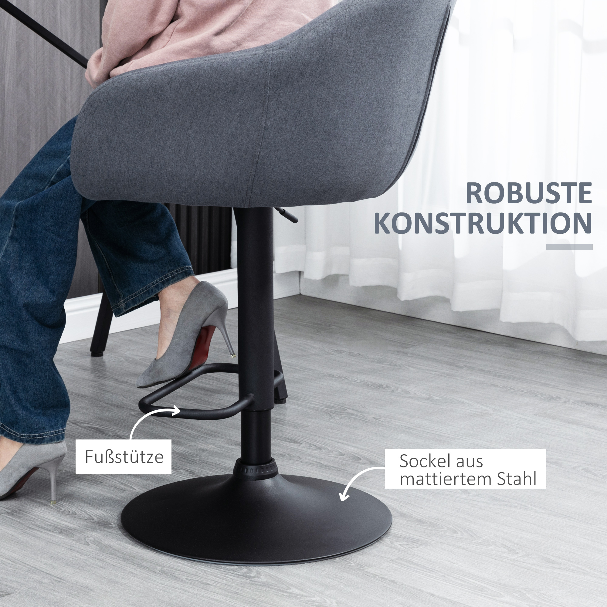 Barhocker höhenverstellbar mit Lehne und mit Fußstütze; Leinenoptik, 54 cm x 54 cm x 112 cm, Grau