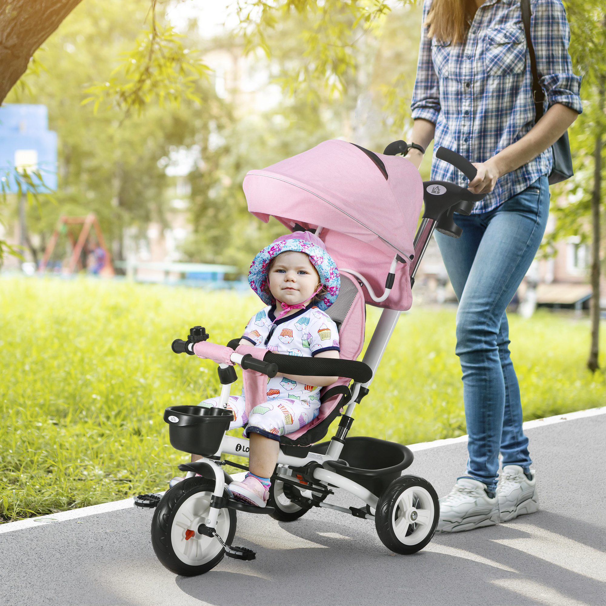 6-in-1 Kinderdreirad mit Schiebestange, Dach, Gurt, Ablagekorb, 18+ Monate, Rosa