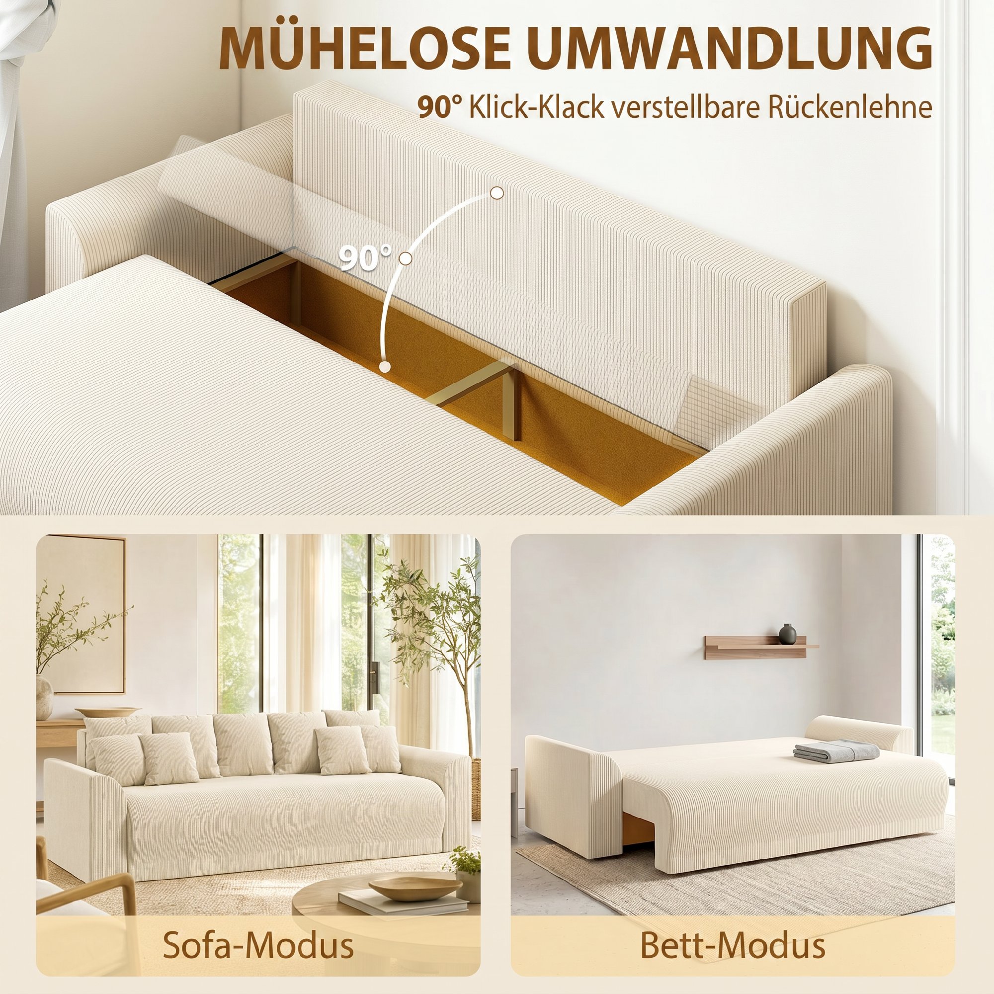 Schlafsofa 190x150cm 3-Sitzer Sofa mit Schlaffunktion, Kissen, Stauraum, Cord-Optik für Wohnzimmer, Beige
