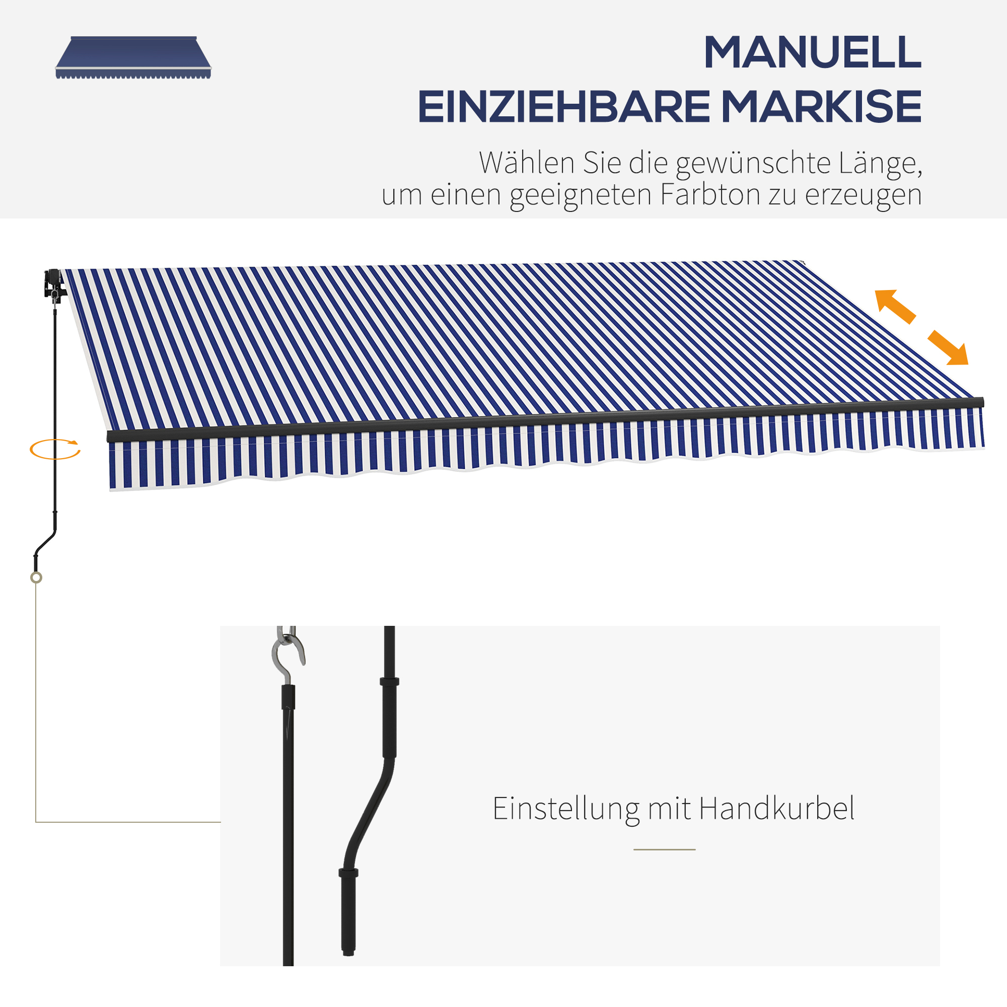 Sonnenmarkise Markise Terrassenmarkise, inkl. Handkurbel, wetterbeständig, 396 cm x 300 cm, Blau + Weiß
