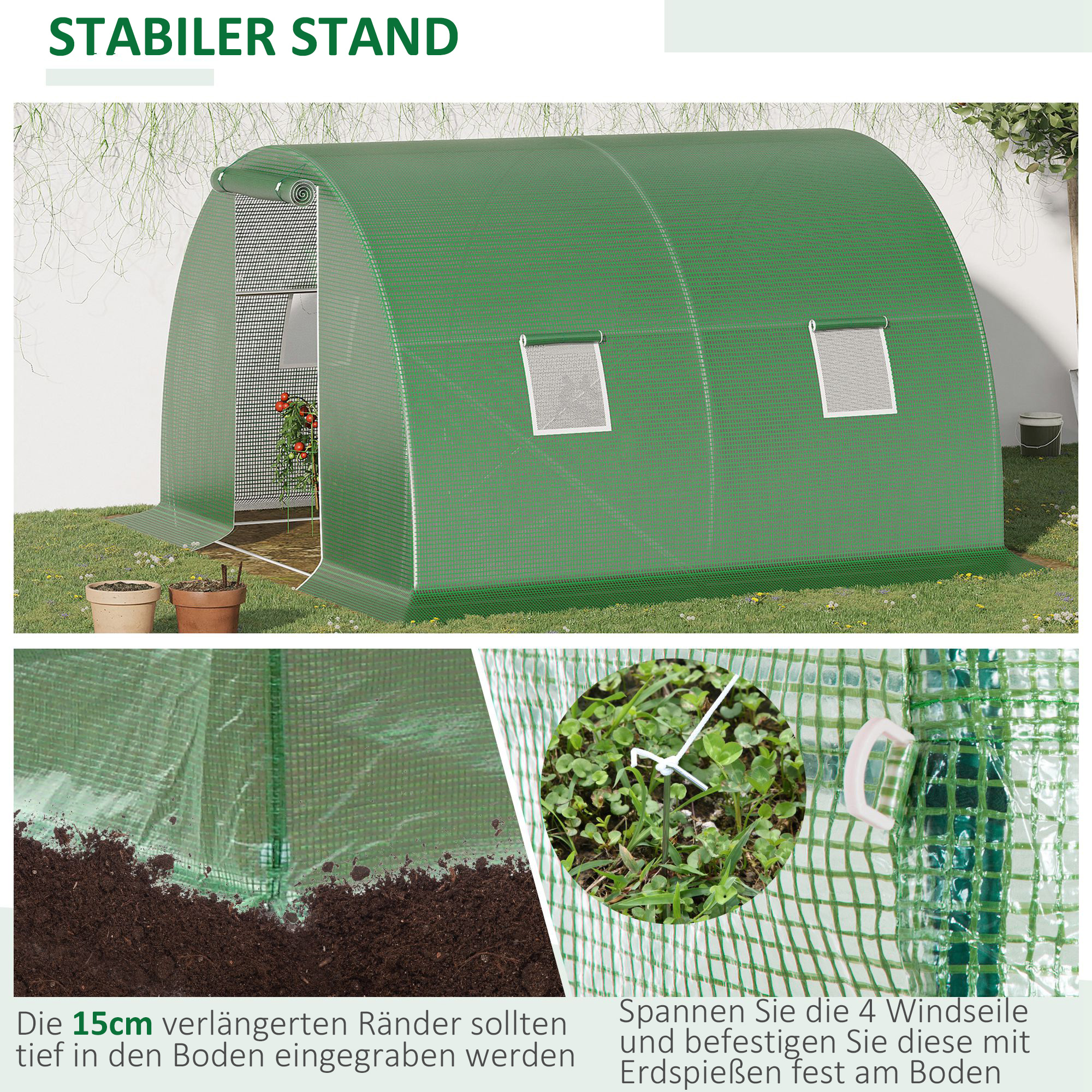 Foliengewächshaus begehbares Polytunnel 3 x 3 m Gewächshaus mit 4 Fenster Treibhaus Frostschutz Stahlrohr Dunkelgrün
