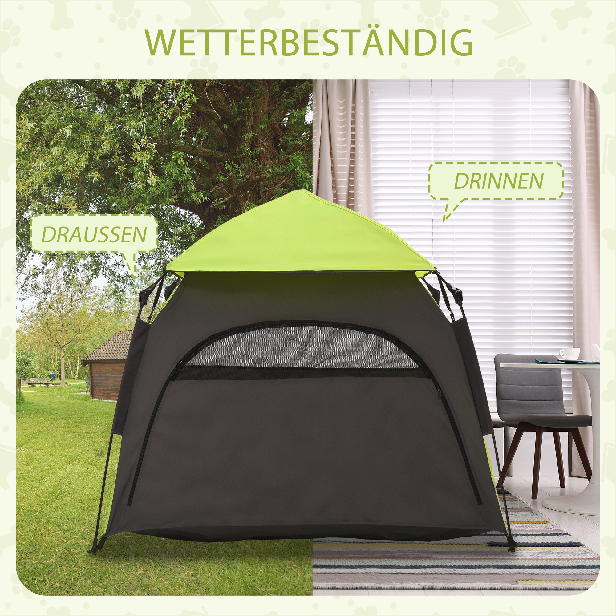 Haustierzelt Hundezelt Outdoor Tierzelt, 110 cm x 110 cm x 85 cm, Bodenspieße +  Transporttasche, Grün + Schwarz