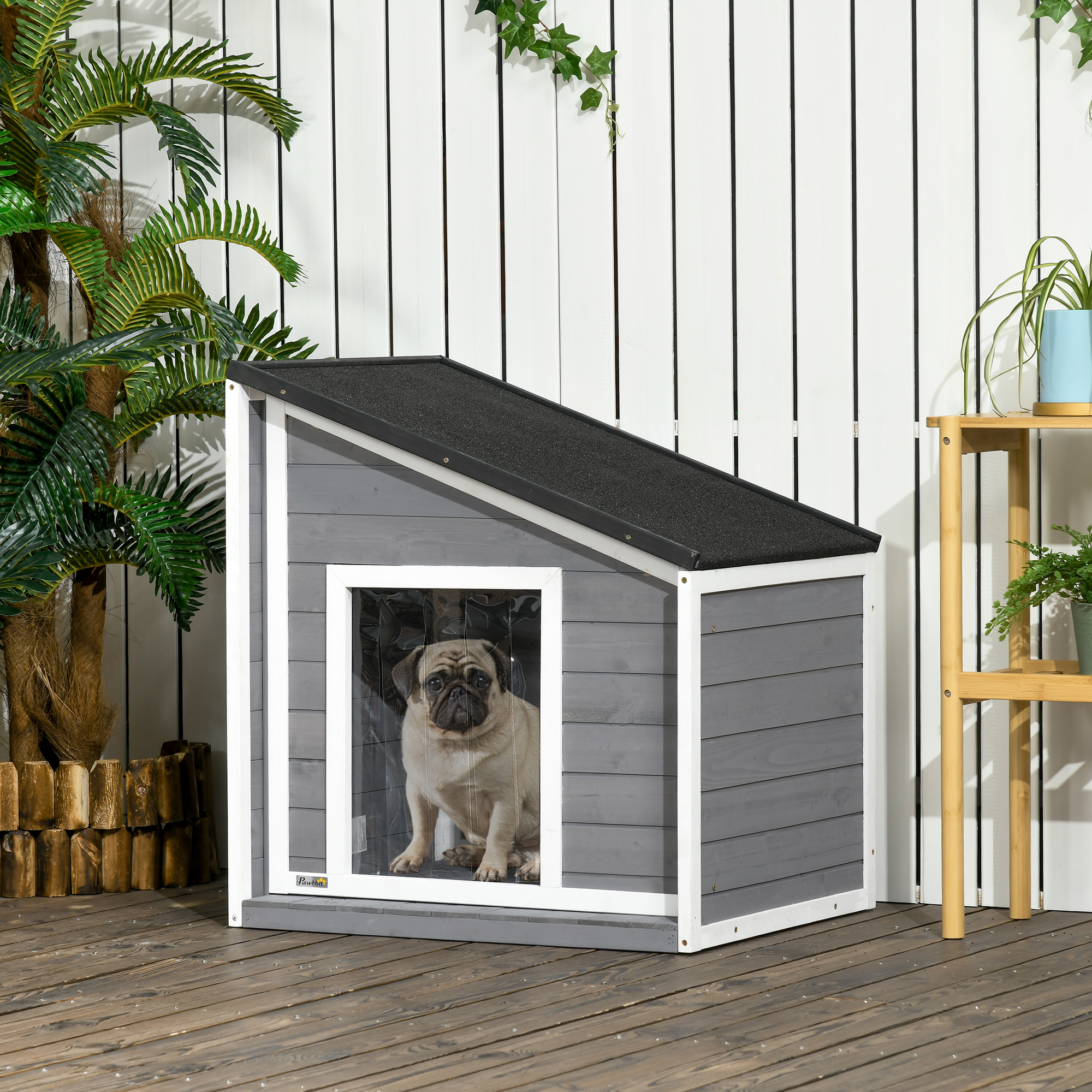 Hundehütte aus Massivholz, wetterbeständig, Asphaltdach, 71 cm x 58 cm x 77 cm, Grau + Weiß