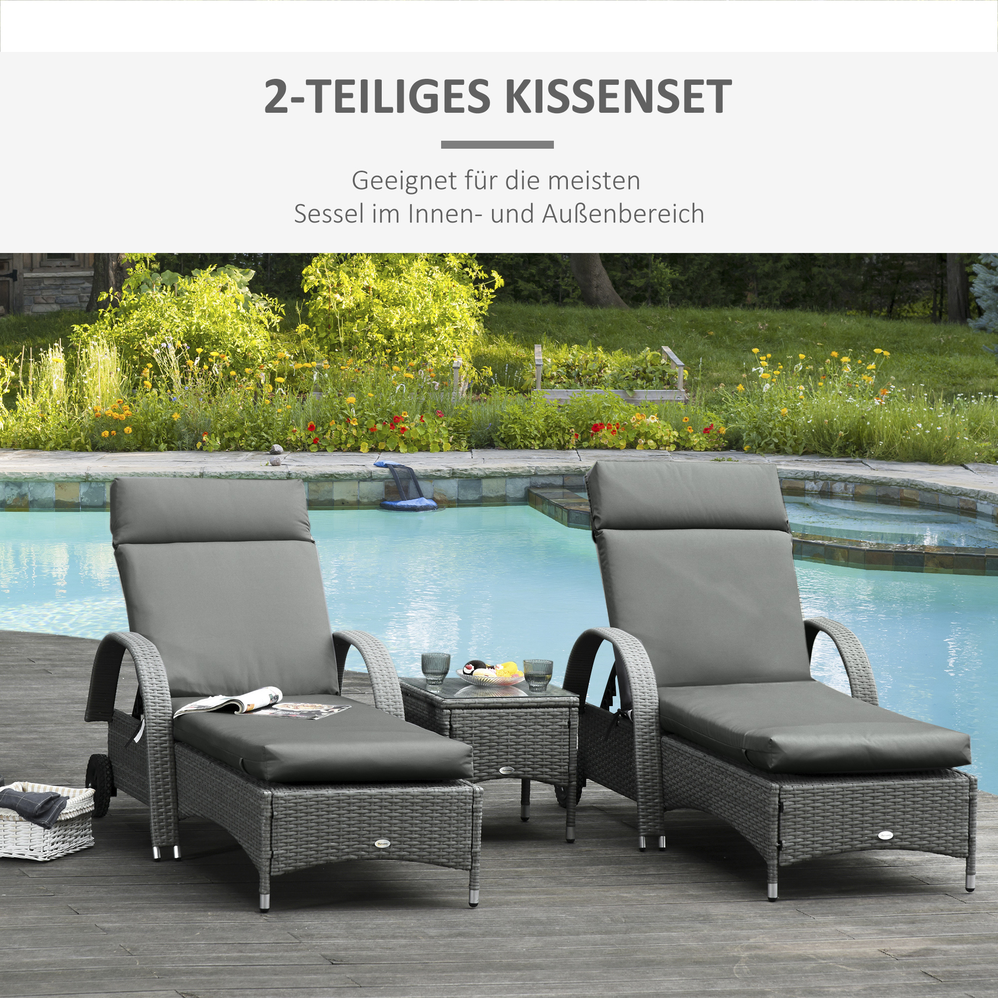 2er Set Auflage für Sonnenliege, Liegenauflage für Gartenliege extra dick 8cm Polsterauflage Dunkelgrau NUR Kissen