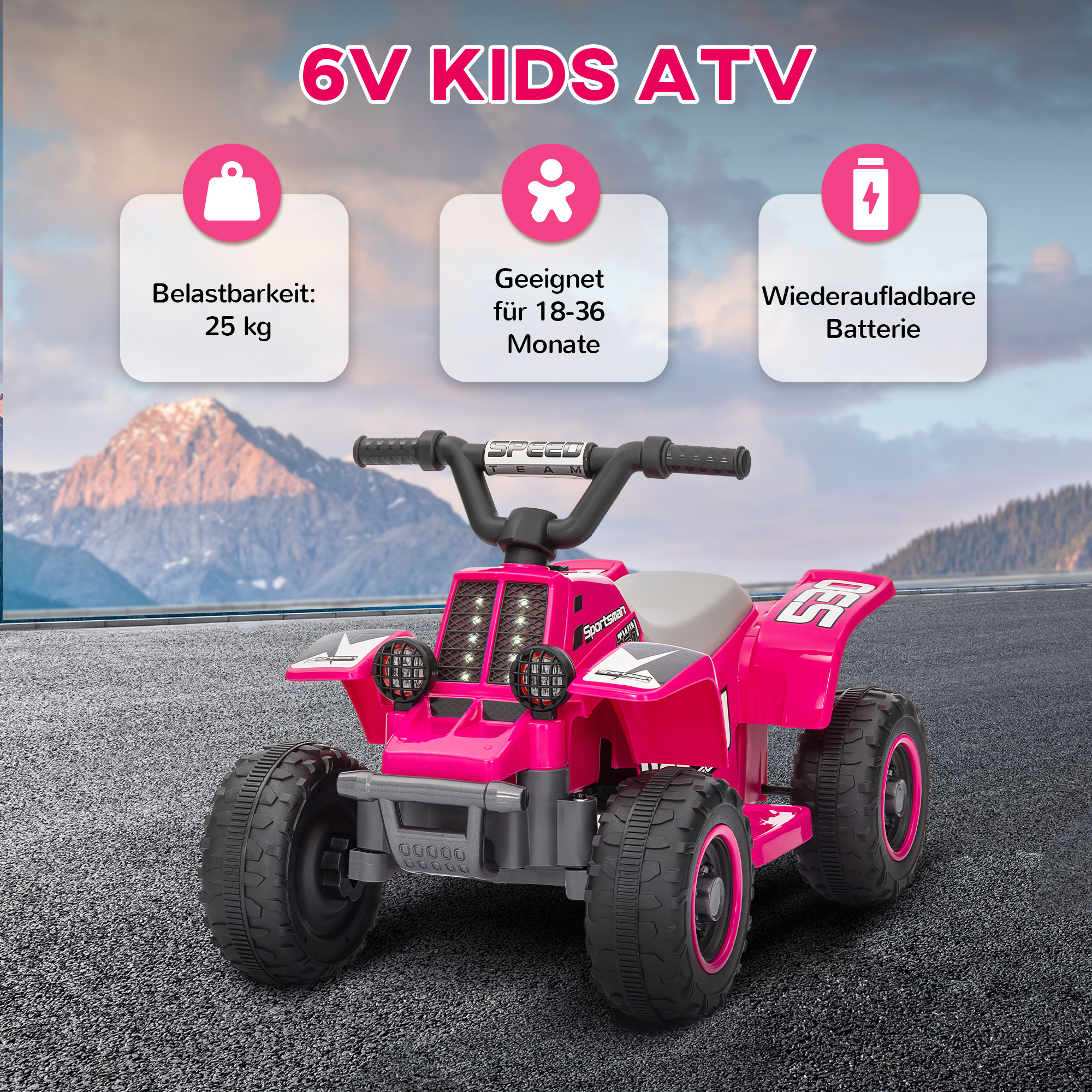 Kinderquad, batteriebetrieben, fährt vorwärts und rückwärts, LED-Lichter, 18-36 Monate, Rosa