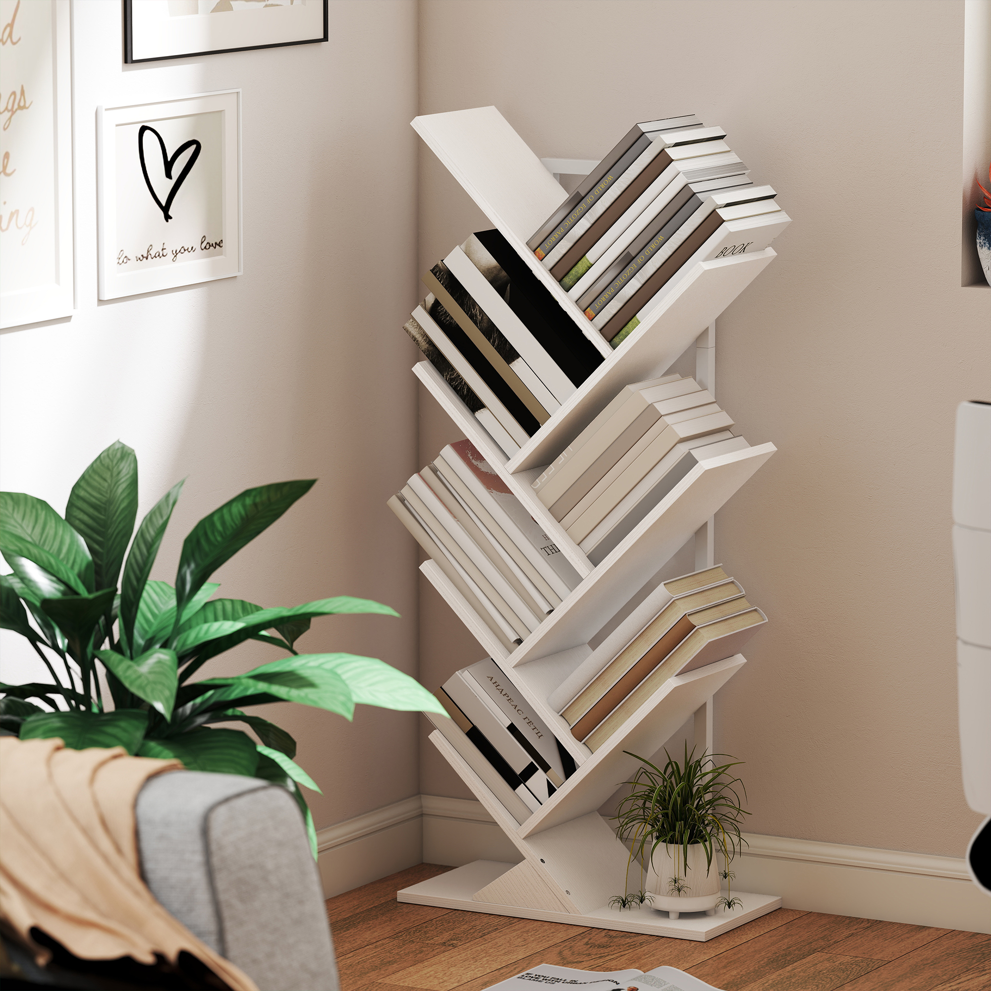 Bücherregal Standregal mit 7 Ebenen Schmal Regal im Baumform für Büro, Rustikal Weiß