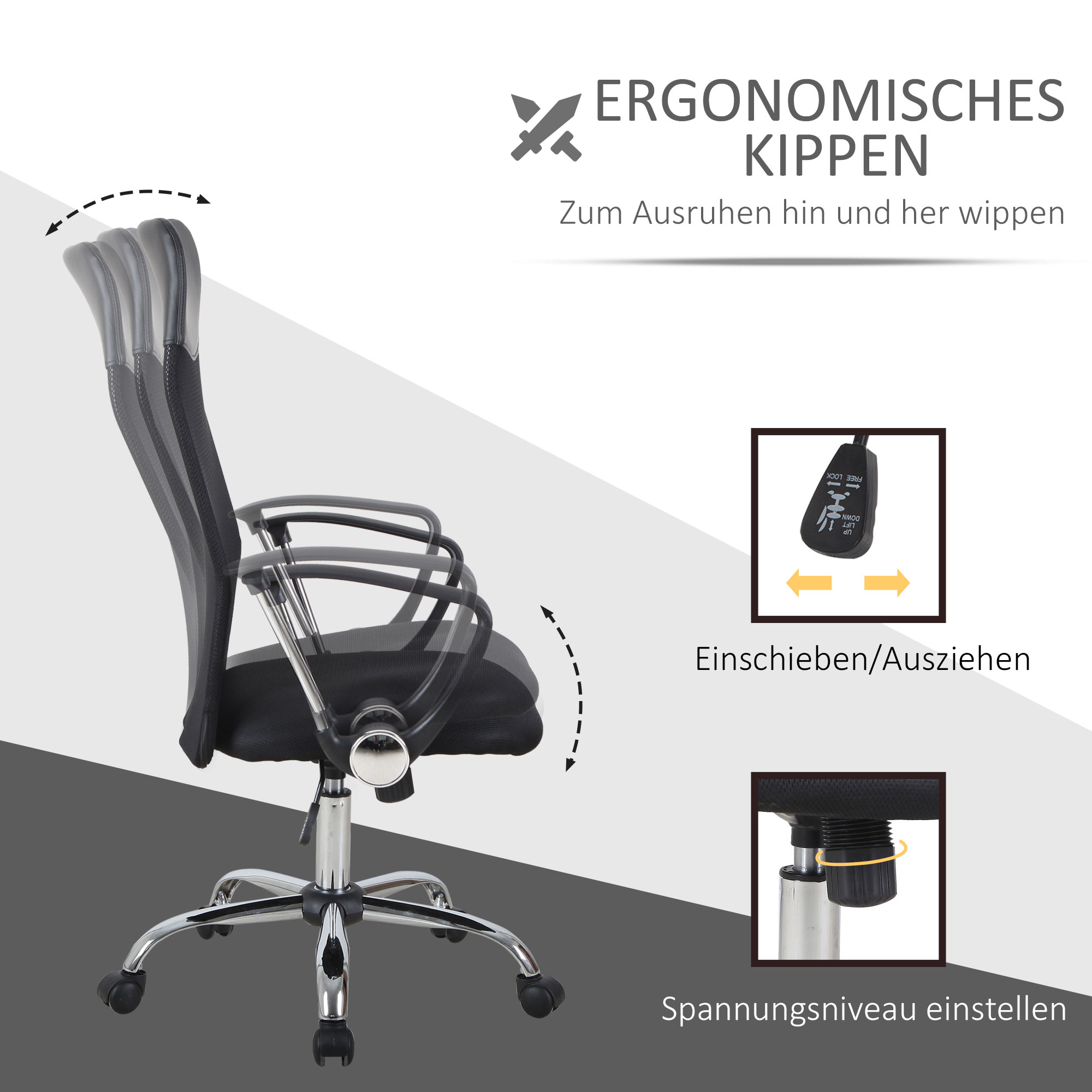 Ergonomischer Bürostuhl, Gaming Stuhl, Drehstuhl mit Wippenfunktion, höhenverstellbarer Schreibtischstuhl, Schaumstoff, Netz, Schwarz,  63 x 65 x 109-119 cm