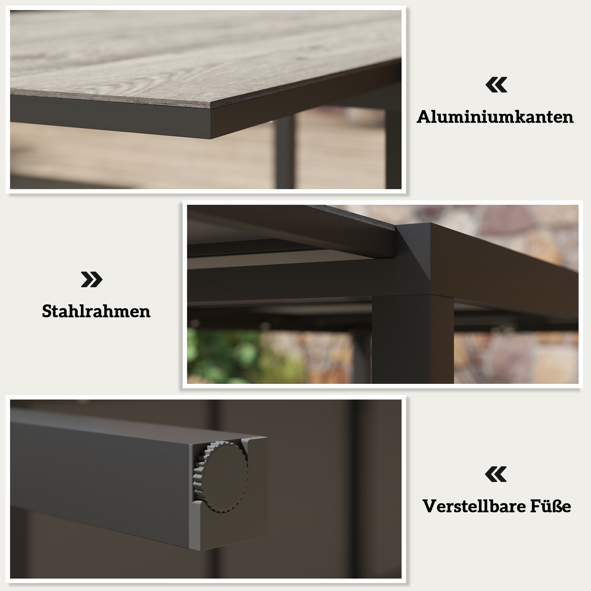 Ausziehbarer Esstisch für 6-8 Personen, Verstellbarer Outdoor-Tisch aus Aluminium, Stahl, Kunststoff, Holzoptik, Grau