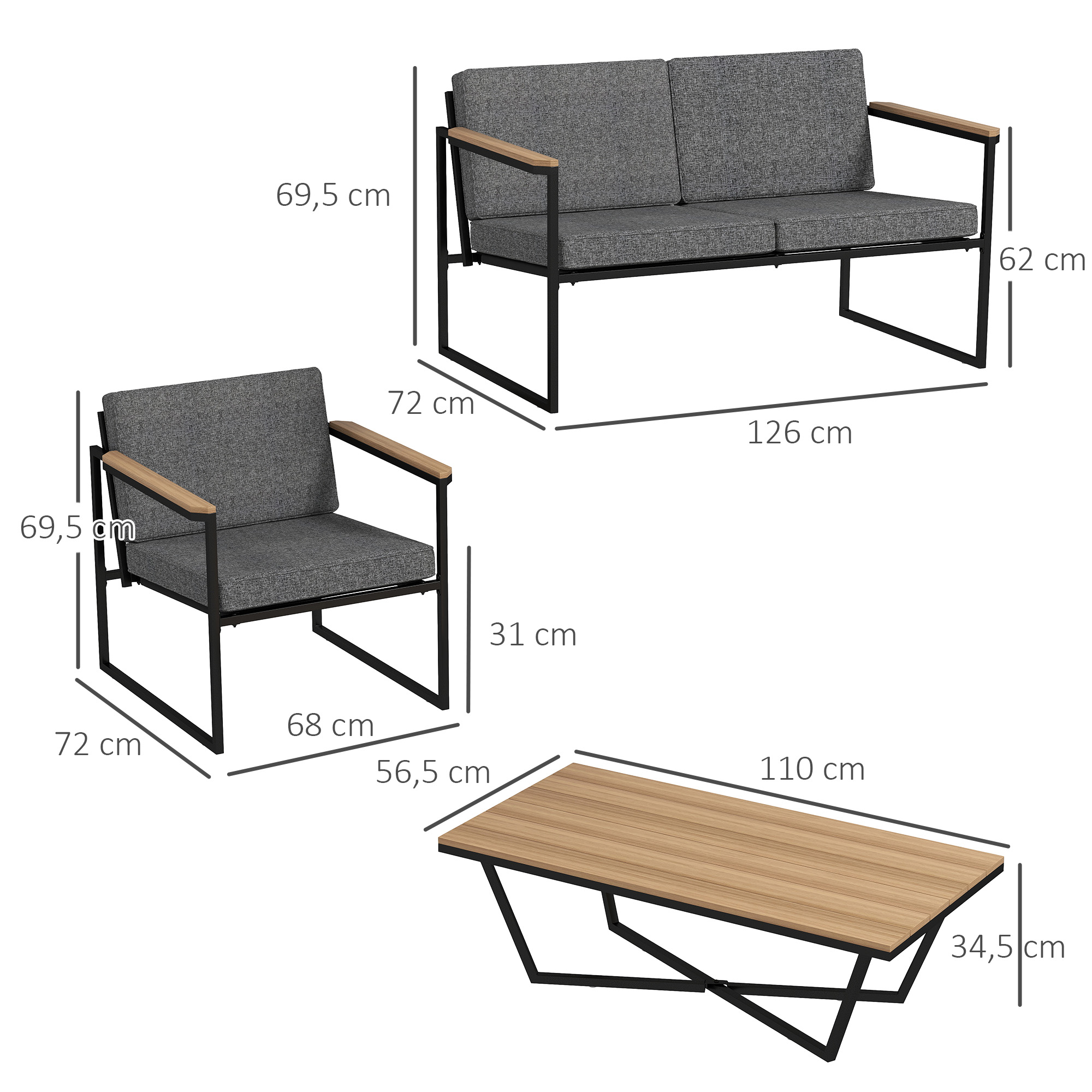 Gartenmöbel Set 4 Personen wetterfest Balkonmöbel-Set mit 2er Sofa, 2 Stühle Sitzkissen Beistelltisch Grau