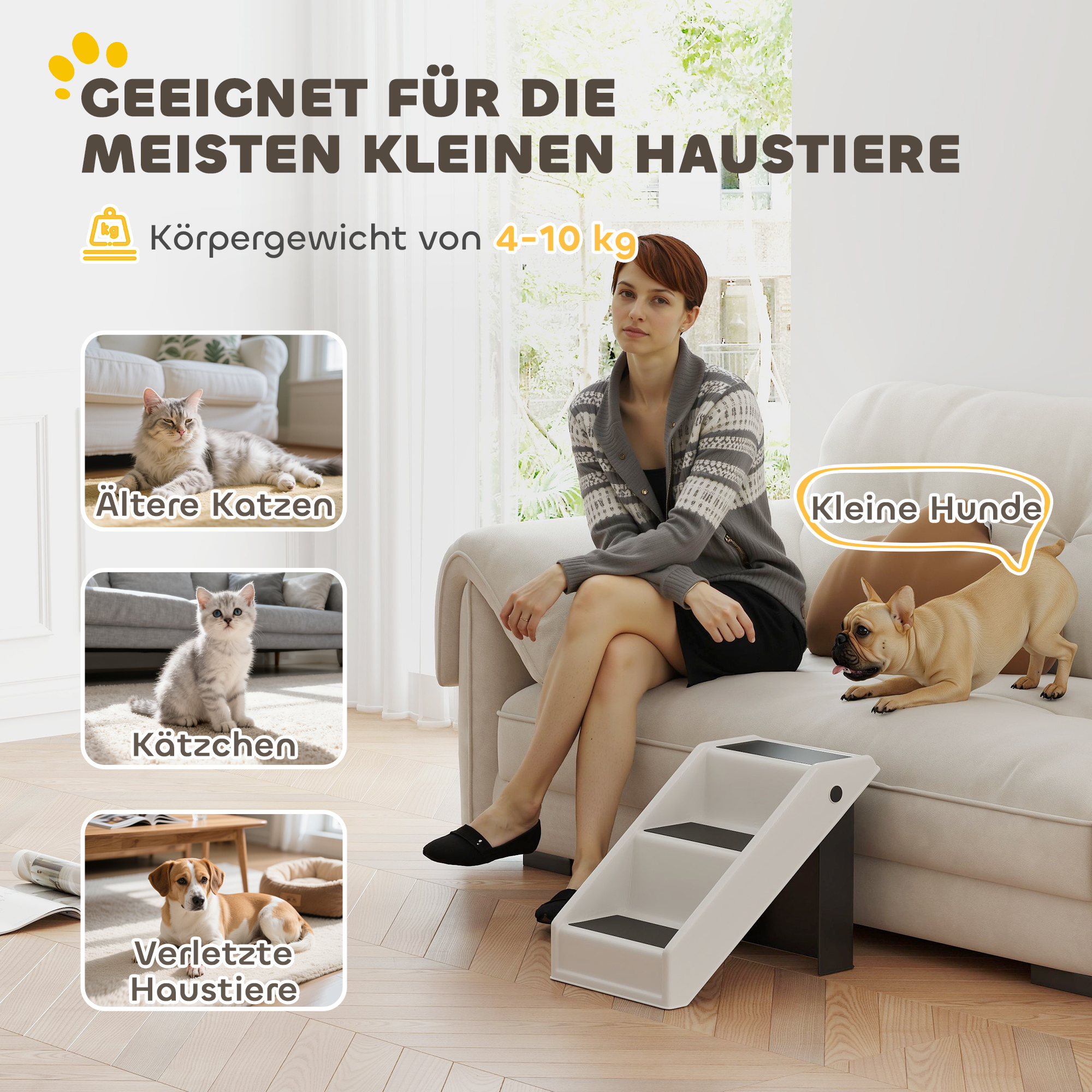 Hundetreppe 3 Stufen 36,5 cm Hoch Haustiertreppe für Kleine Hunde klappbar für Bett, Sofa, Couch Auto Cremeweiß