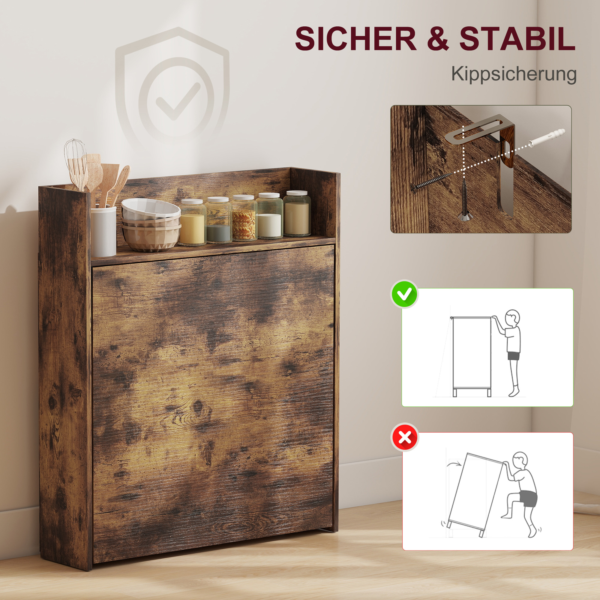 Esstisch Klappbar mit Regal, Industrie-Design, Platzsparend, Für Kleine Räume, 80x90x93cm, Rustikal-Braun