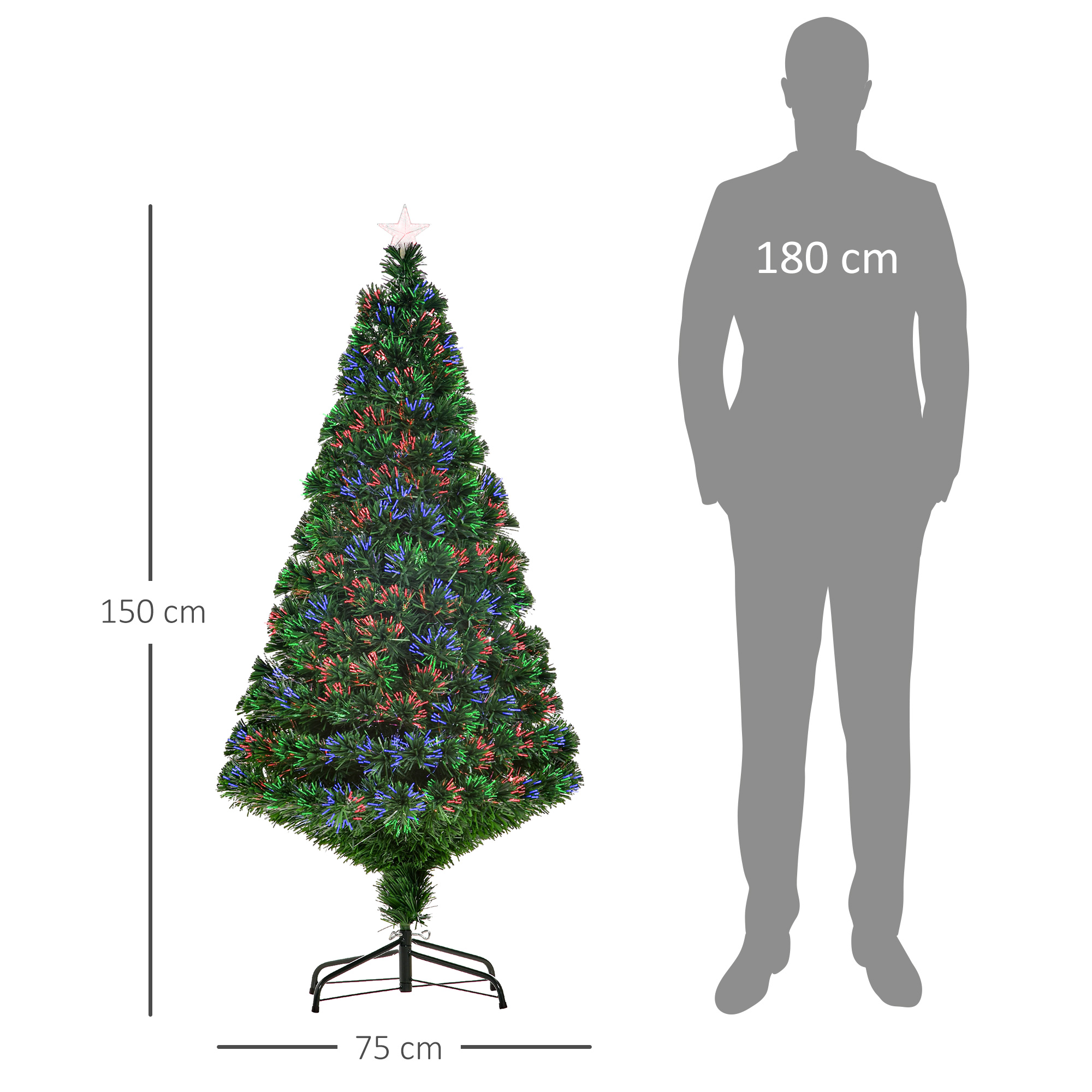 Künstlicher Weihnachtsbaum 150 cm mit Glasfaser künstlich Tannenbaum mit LED Beleuchtung, 180 Spitzen Christbaum Weihnachtsdeko inkl. Metallständer für drinnen