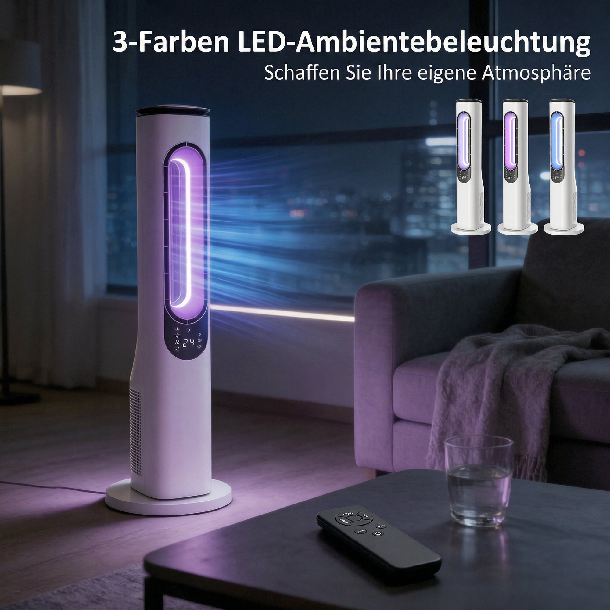 rotorloser Turmventilator für Schlafzimmer, 35 dB leiser Standventilator mit 50° Oszillation, LED-Leuchten, 3 Geschwindigkeiten, 15-Stunden-Timer, Weiß