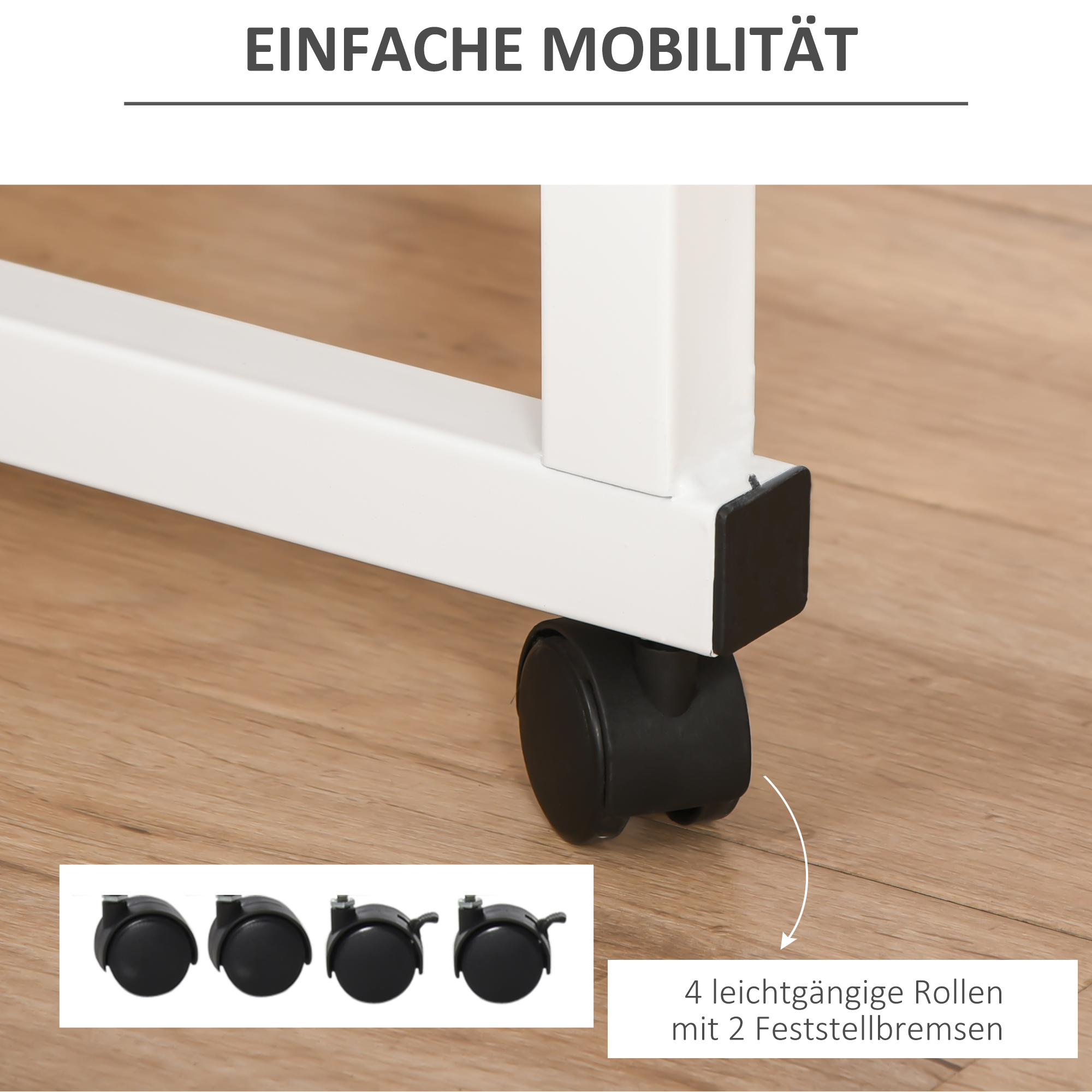 Beistelltisch höhenverstellbarer Couchtisch mobiler Endschreibtisch mit Rädern Feststellbremsen C-Tische Spanplatte Stahl Eisen Kunststoff Weiße Ahornfarbe 60 x 40 x 68-78 cm