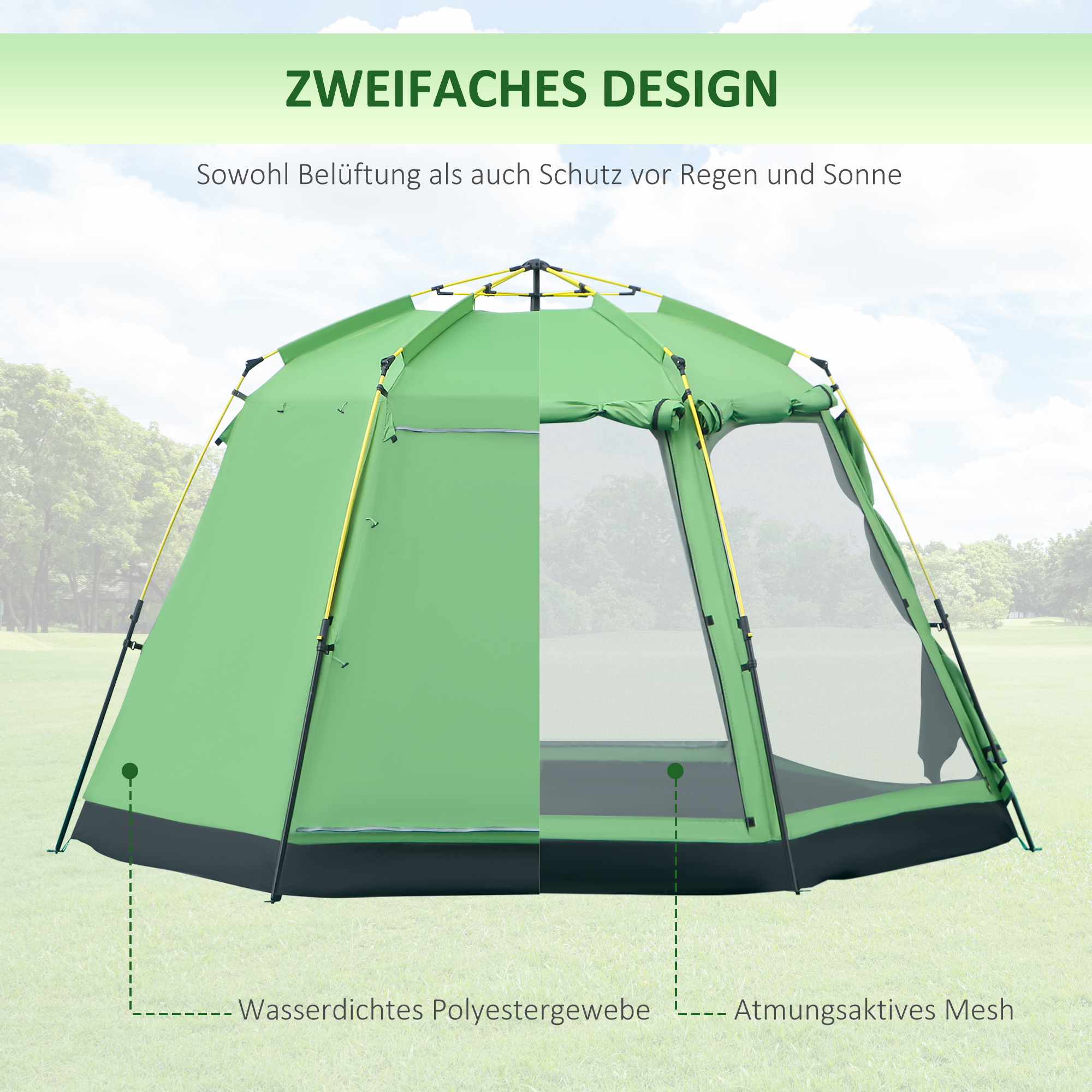 Camping Zelt 6 Personen Zelt Familienzelt Kuppelzelt Kunstleder2000mm einfache Einrichtung für Familien Trekking Festival Stahl Glasfaser Grün 320 x 320 x 180 cm
