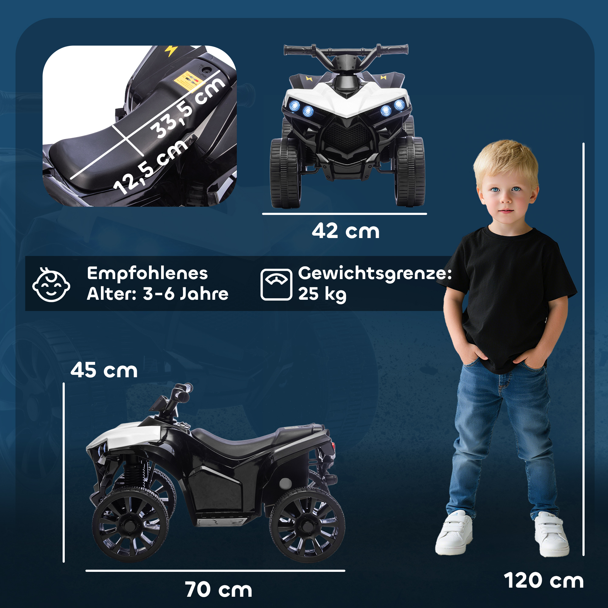 Kinder Quad Elektro 6V Kinderquad mit Vorwärts-, Rückwärtsfunktion, Musik, LED-Scheinwerfer Weiß