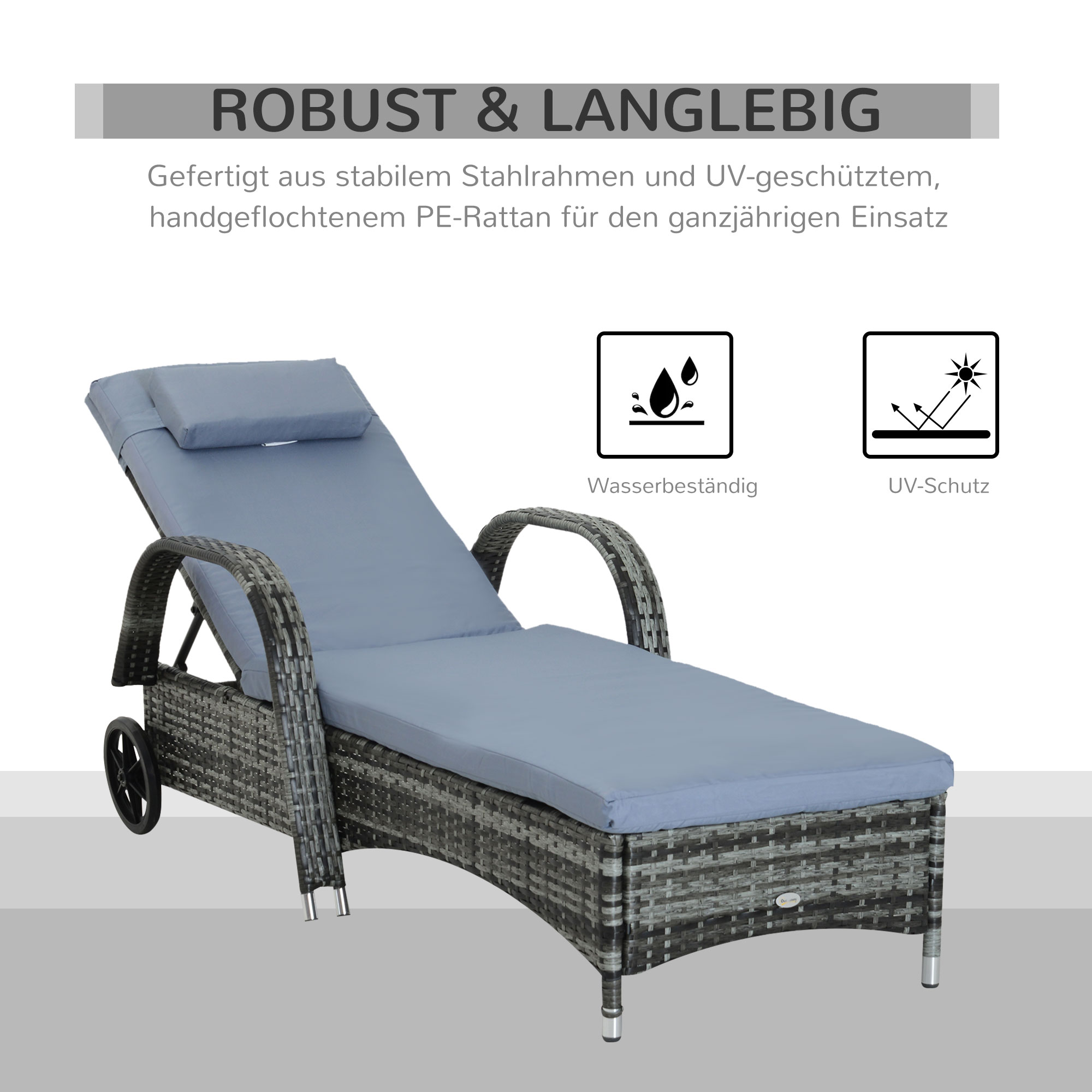 Sonnenliege Polyrattan Gartenliege mit 5-Fach verstellbarer Rücklehne, Polsterauflage, Rollen, Kissen, 160 kg belastbar Relaxliege Liegestuhl für Garten, 200x73x30-103cm, Grau