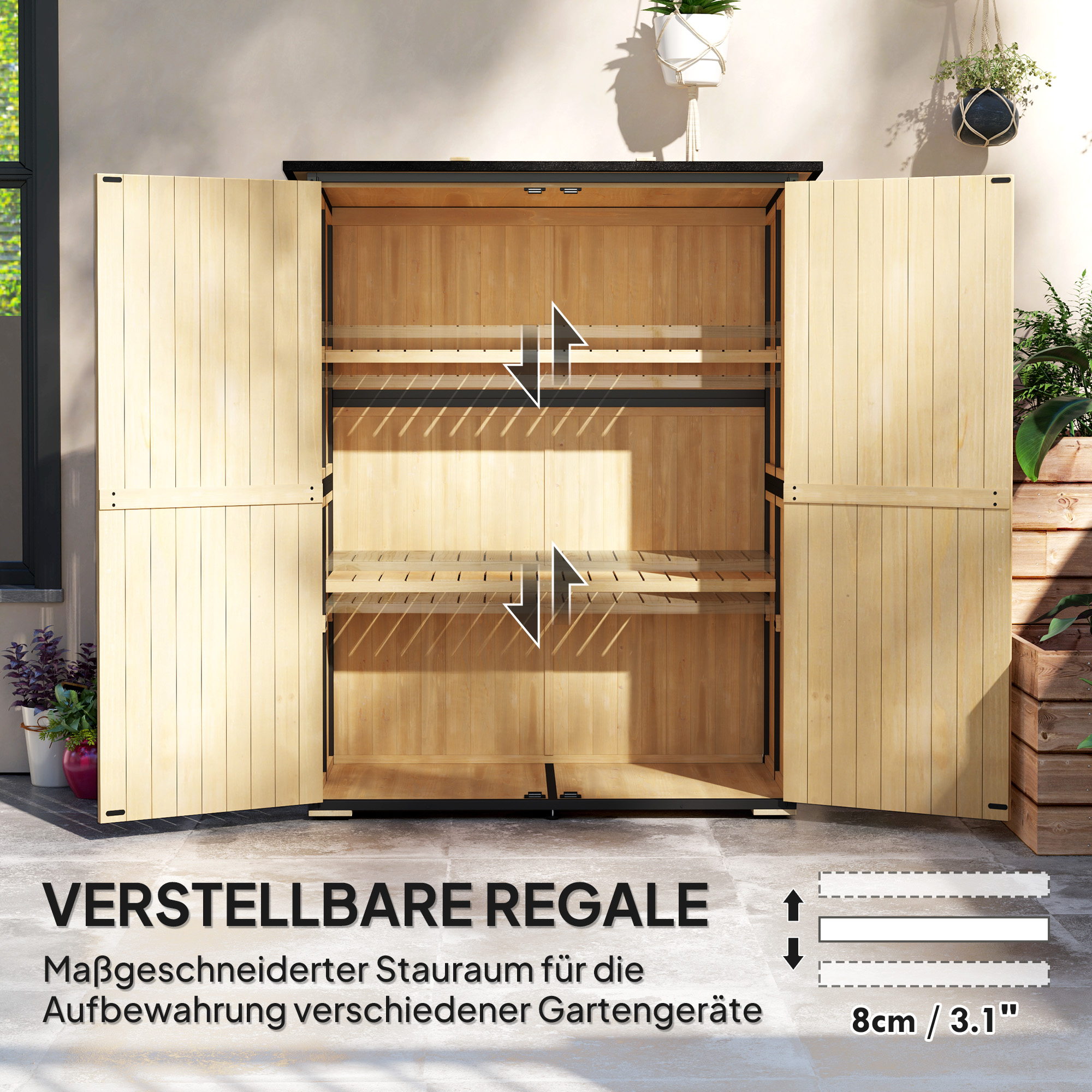Gartenschrank aus Holz und Stahl, Outdoor-Werkzeugschrank mit Asphalt-Dach, 2 Regale, verschließbare Türen, Naturholz