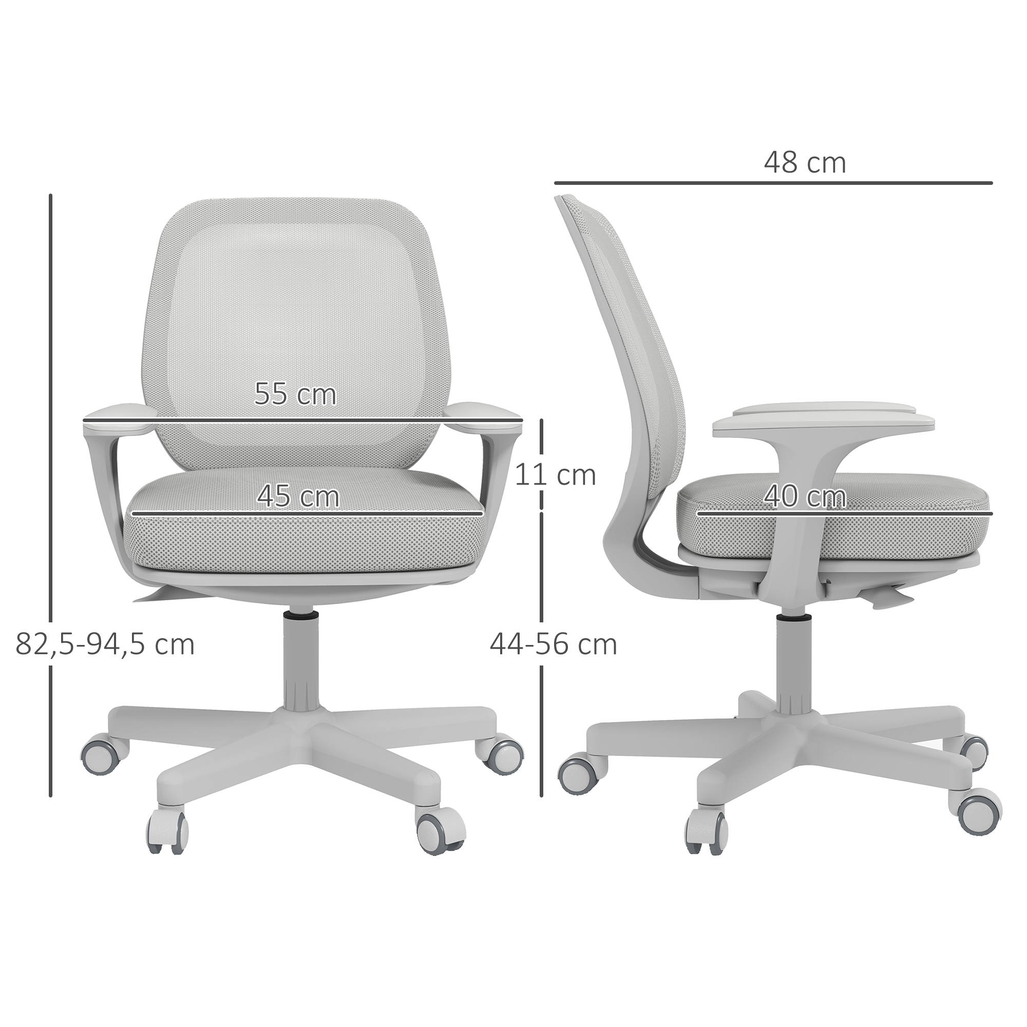 Bürostuhl, Ergonomisch Schreibtischstuhl mit Drehfunktion, Höhenverstellbar 55 x 48 x 82,5-94,5 cm Grau
