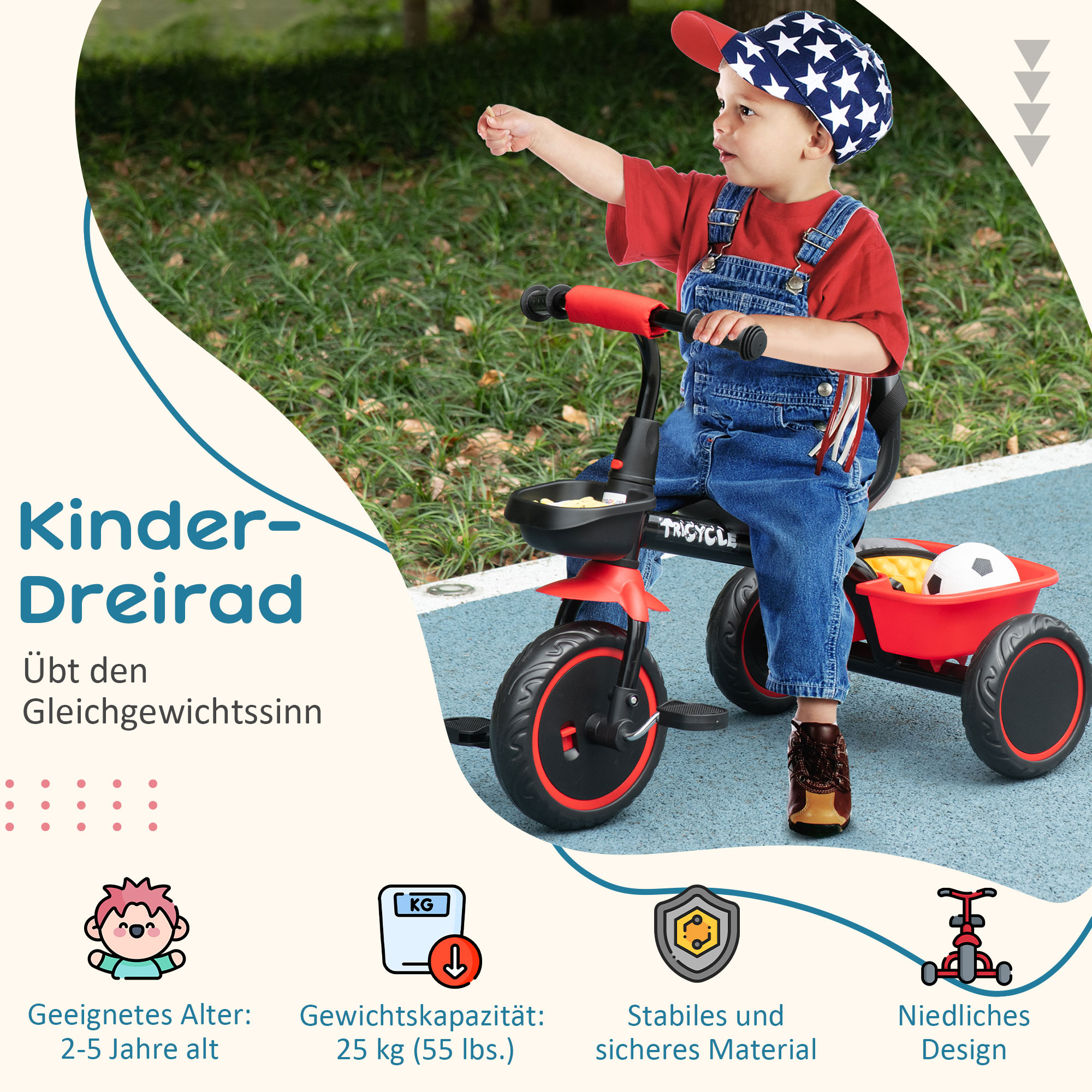 Kinderdreirad mit Beckengurt, 2 Körben, höhenverstellbarer Sitz, Metallrahmen, für Kinder 2-5 Jahre, schwarz+rot