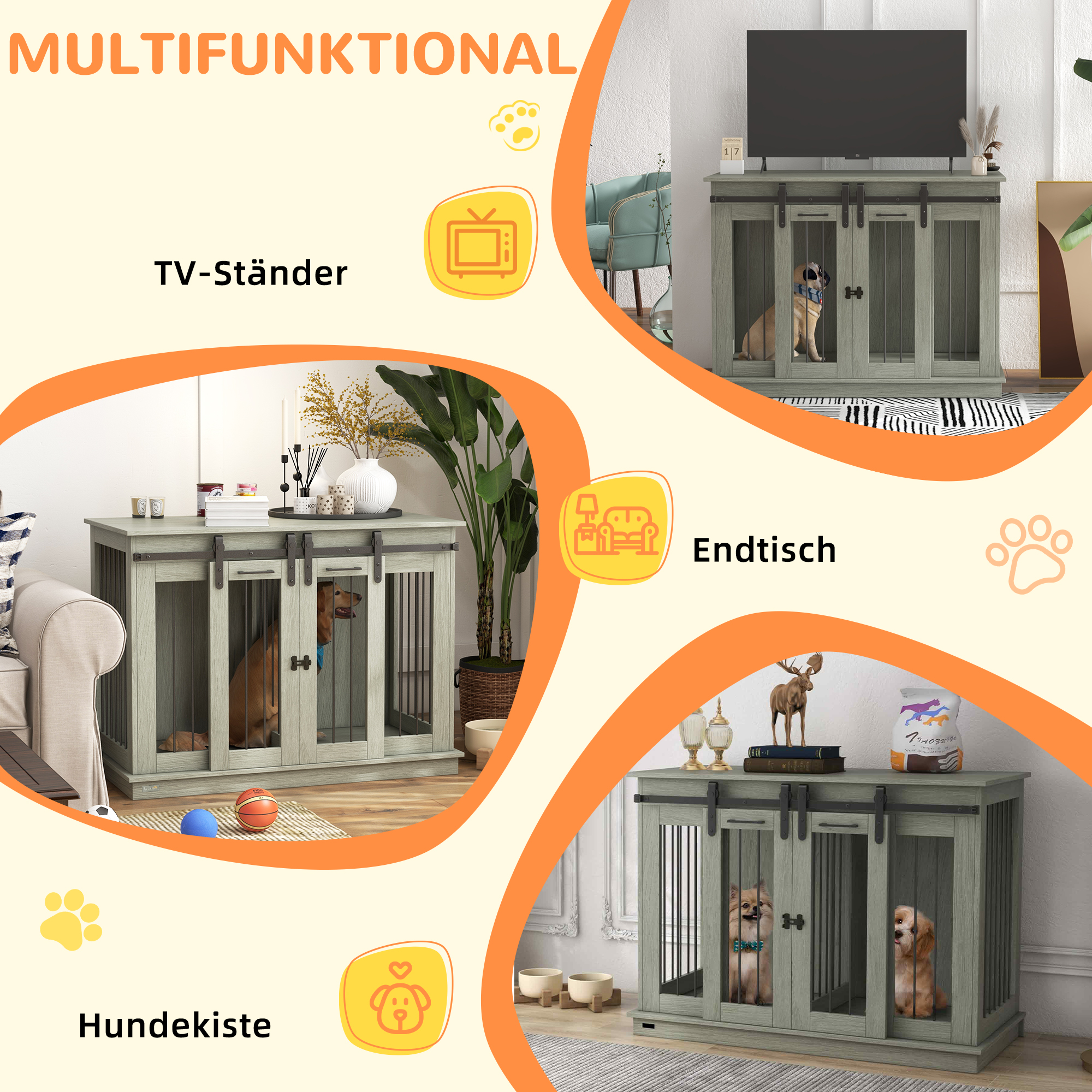 Hundekäfig mit 2 Türen, Hundebox, Transportbox für Hunde, rustikales Design, verriegelbar, Grau