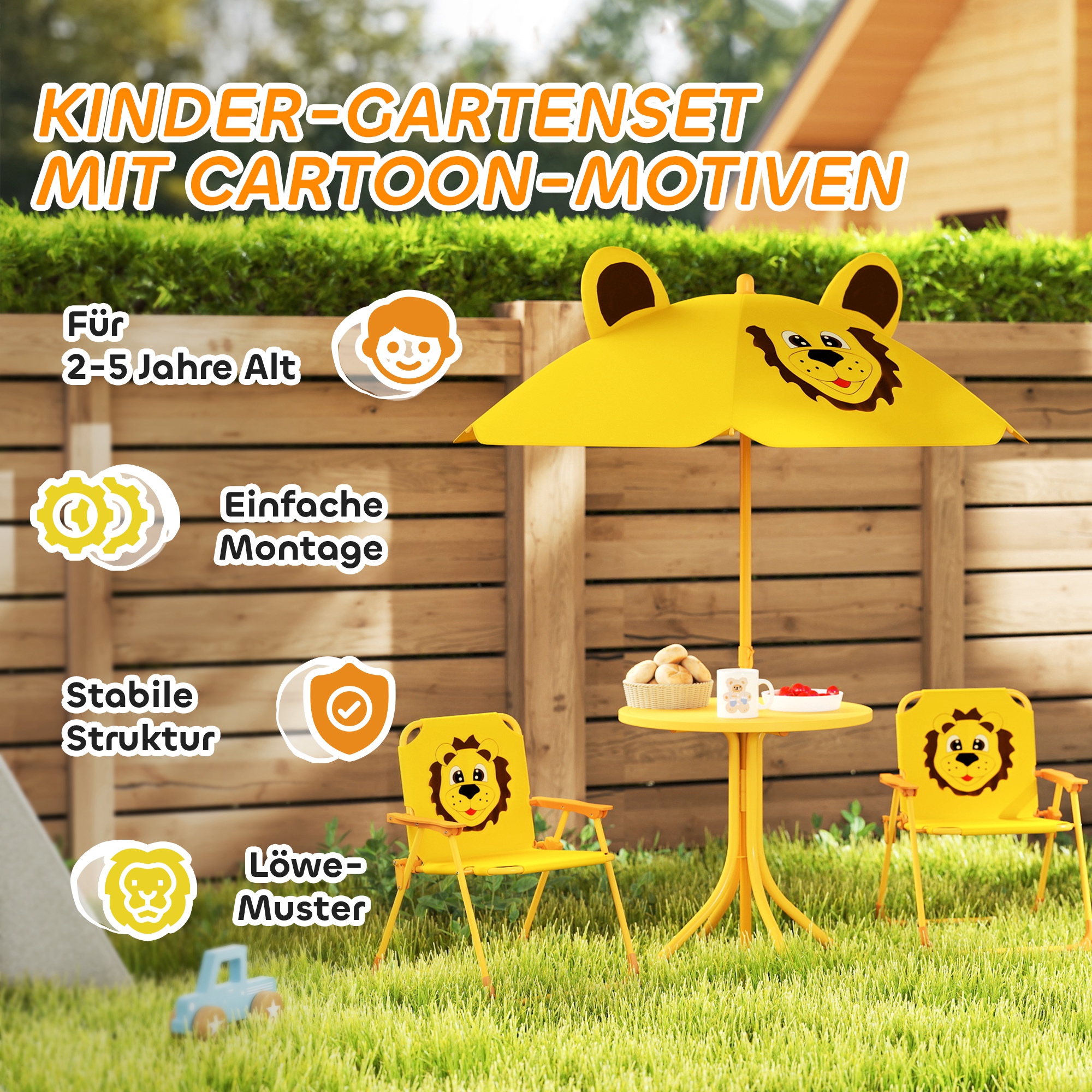 Gartenmöbel-Set für Kinder, Stühle, Tisch, Sonnenschirm, Löwen-Design, Gelb